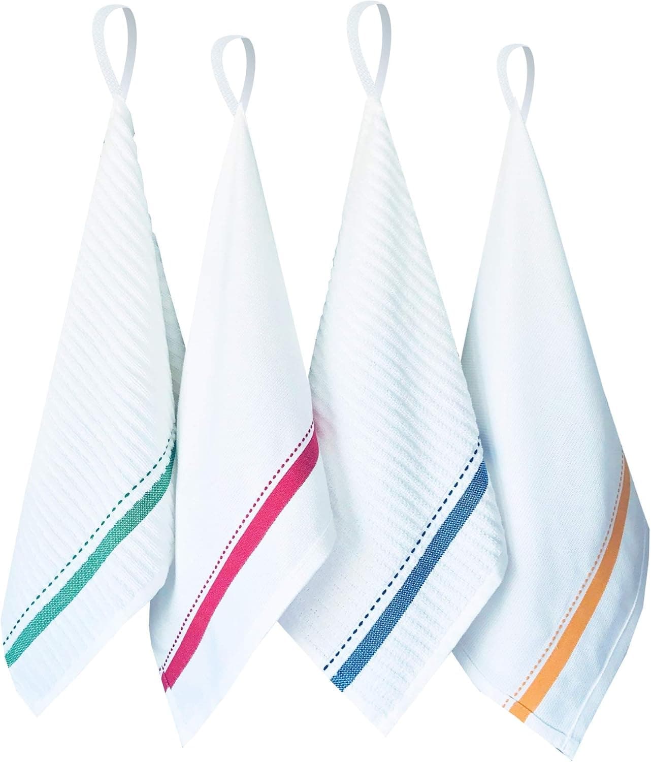 ELOMELO Kitchen Towels with Hanging Loop, Flat and Terry Cotton Dish Towels for Kitchen, Absorbent Kitchen Hand Towels Set of 4, 25x16 in White