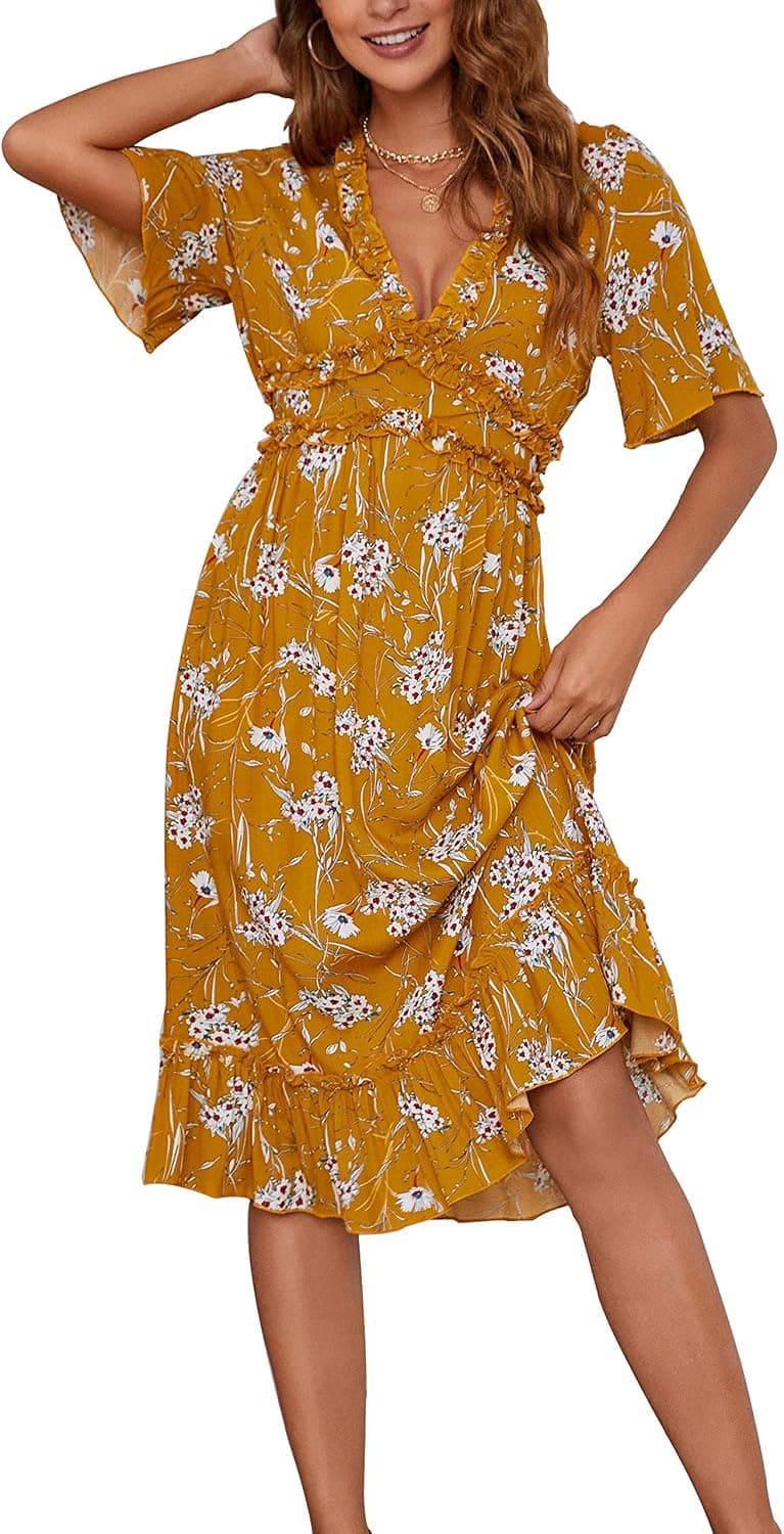 Kailyda Women Summer Dress Long Casual Ruffle V Neck Short Sleeves Midi Dress Boho Floral Print Flowy Swing Beach Dress