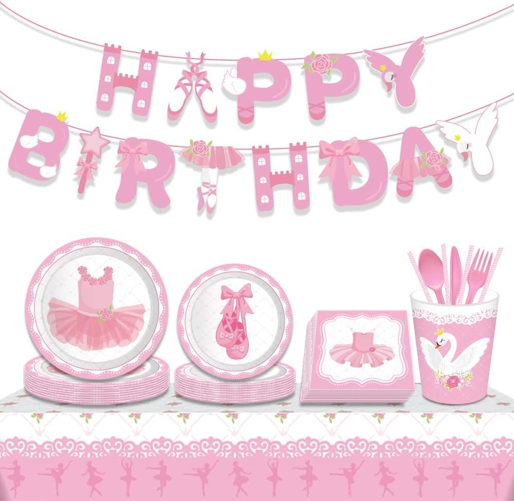 LaVenty 33 PCS Ballerina Birthday Party Supplies Ballerina Party Plates and Napkin Dancing Girl Birthday Party Supplies Ballerina Birthday Banner Ballet Birthday Banner