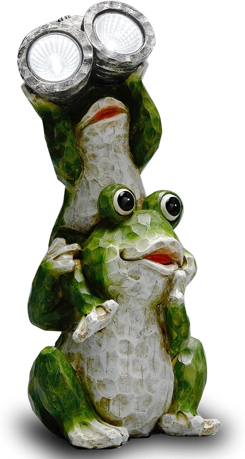 Yiosax Solar Powered Garden Statue, Cute Frog Animal Sculpture for Indoor Outdoor Decorations, Patio Yard Lawn Ornaments Gift（11.18inch Tall）