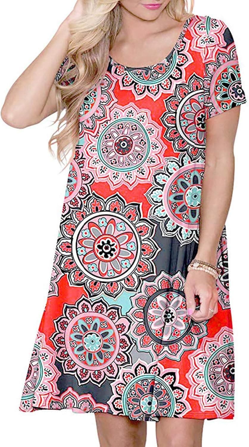Alelly Women's Summer Casual T Shirt Dresses Short Sleeve Mini Dress with Pockets