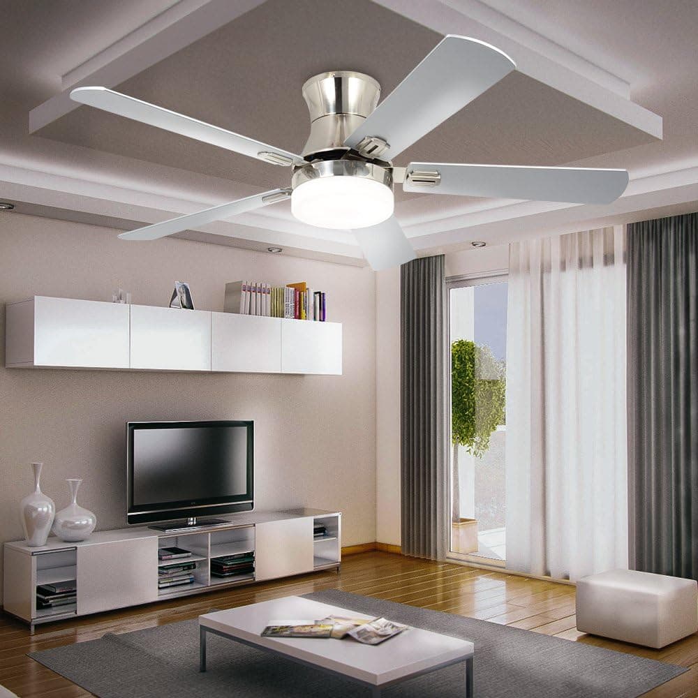 LuxureFan 52Inch Flush Mount Ceiling Fan with Led Light for 3 Color Change 5 Wood Blades 3 Speed Remote Low Profile Ceiling Fan Decoration Home Led Chandelier