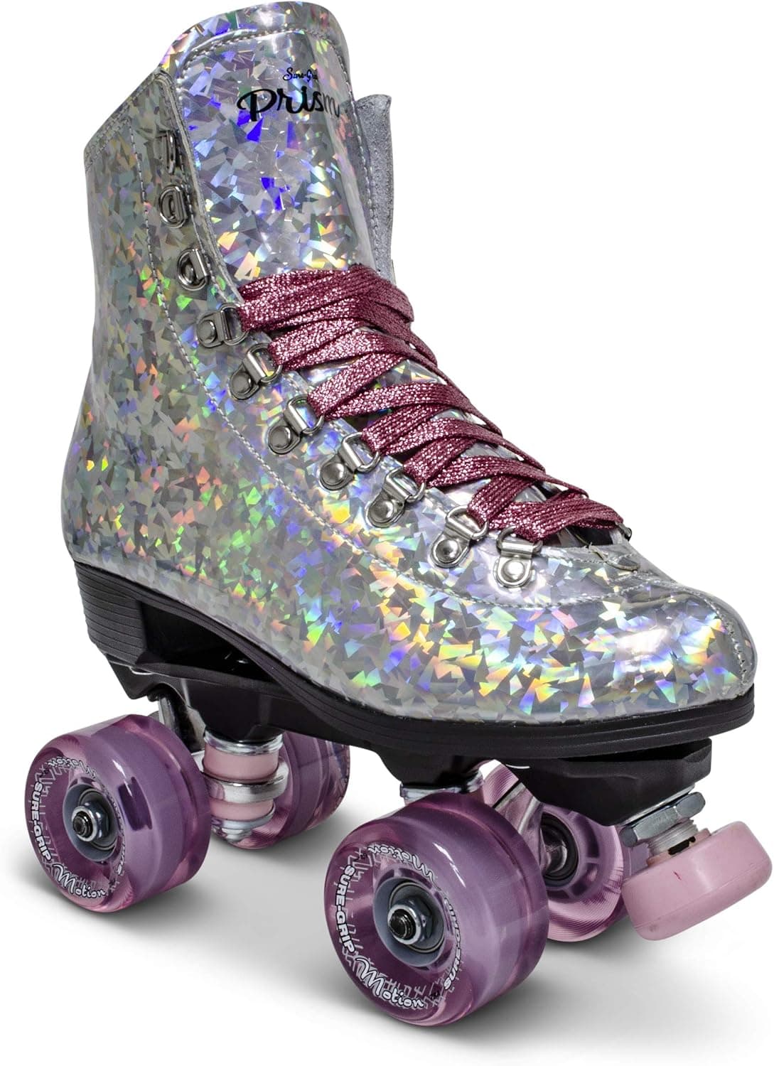 Sure-Grip Prism Sparkling Unisex Roller Skates - Indoor Outdoor Skates with Vegan Silver Reflective Boot - Made in USA