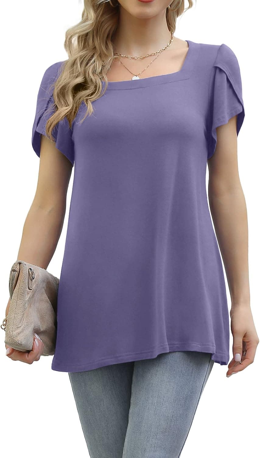 DUSDIMON Women's 2023 Summer Casual Tunic Tops Petal Short Sleeve Square Neck Loose Fit T-shirts