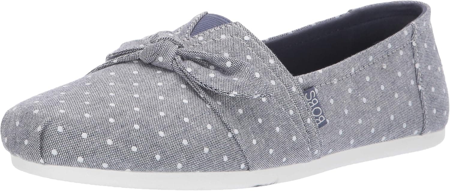 Skechers Women's Bobs Plush-Sunset Drift. Polka Dot Chambray Bow Slip on Ballet Flat