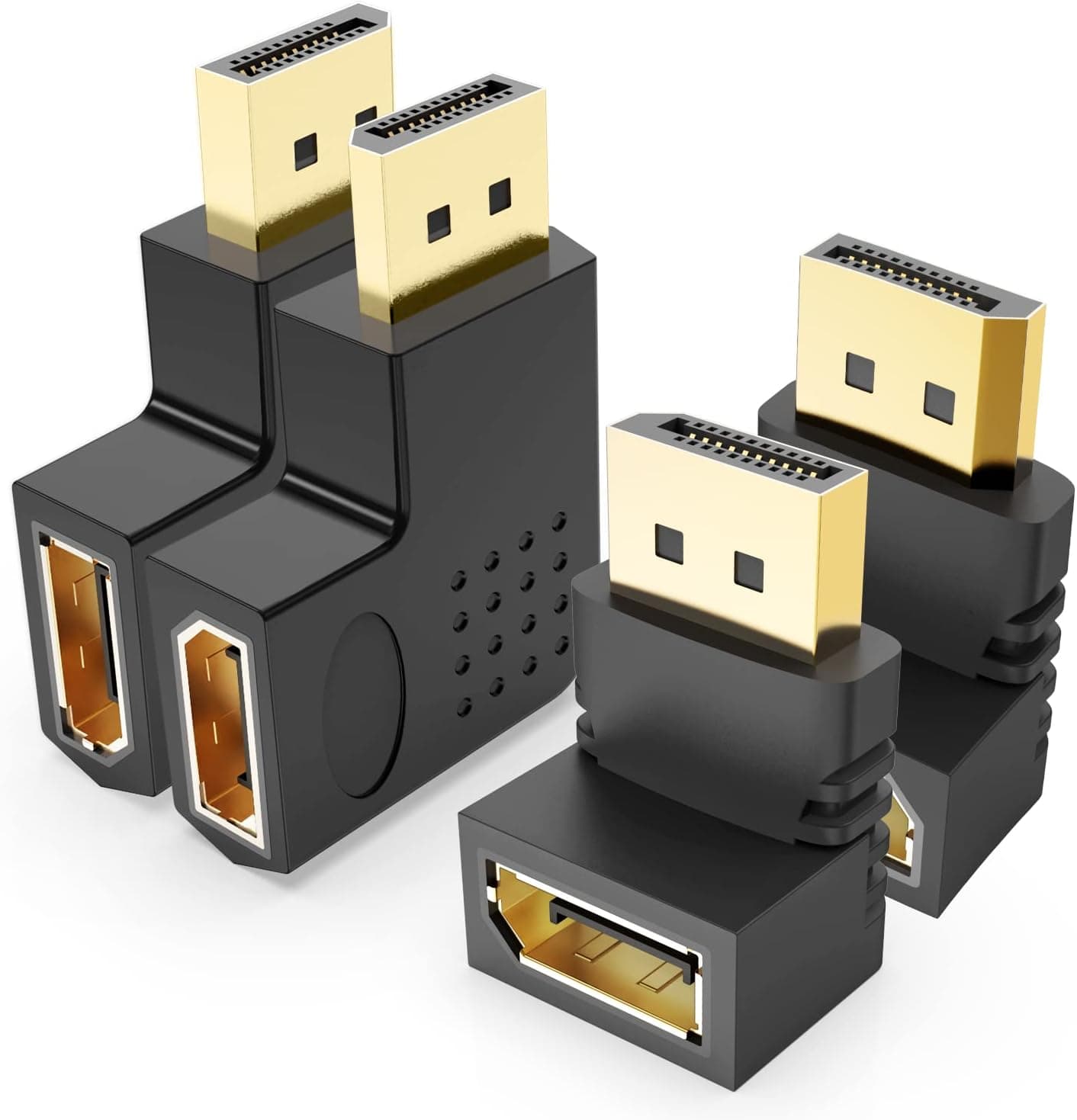 J&D 4-Piece Angled DisplayPort Adapters, 4 Pcs Male to Female 90 Degree and 270 Degree Right-Angle and 90 Degree Left and Right Angled Vertical Flat DP Adapter with Gold-Plated Connectors