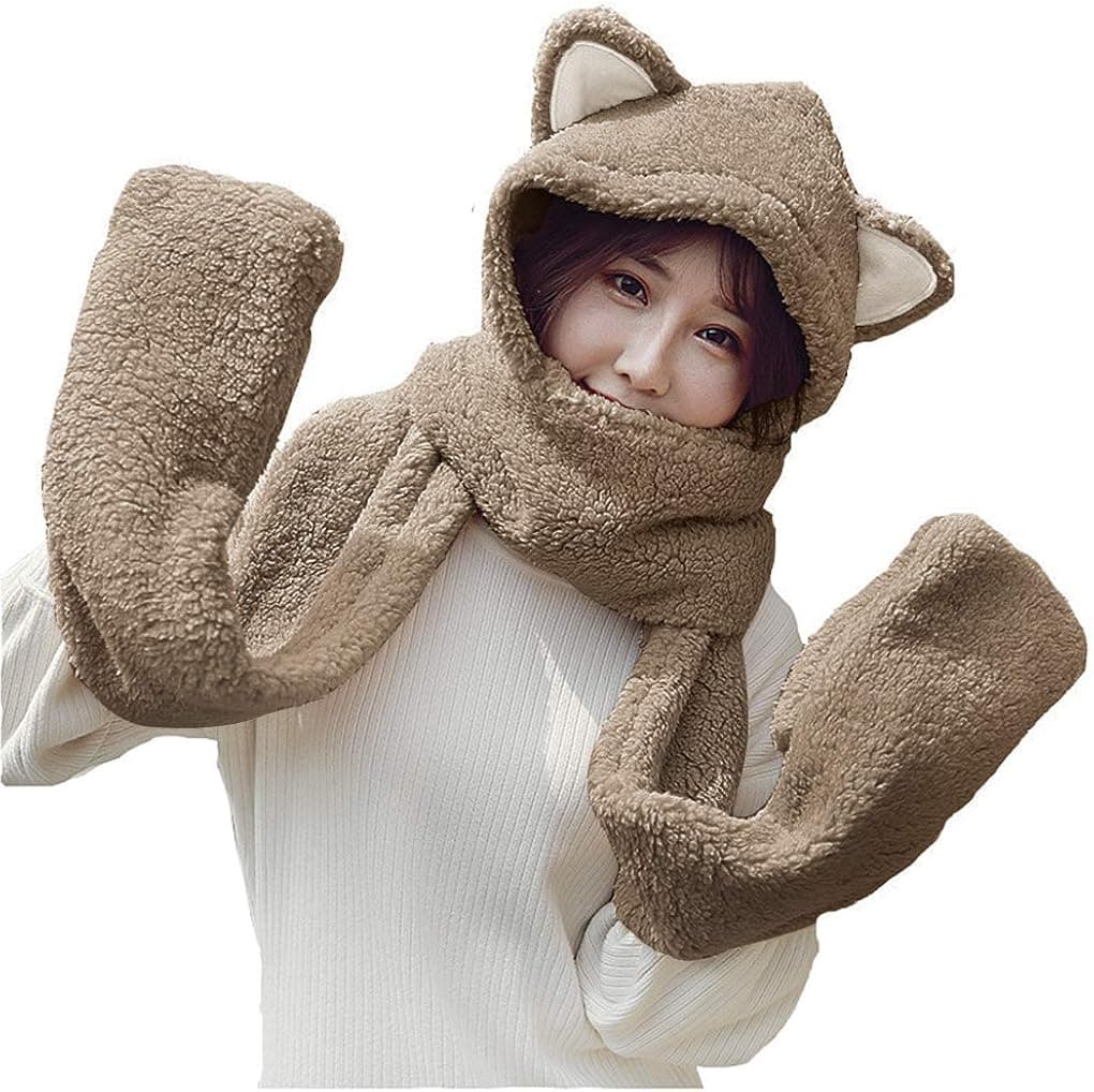 Women Girls Cute Panda Animal Winter Hats 3 in 1 Warm Plush Hoodie Cap Paw Gloves Mitten Scarf Set