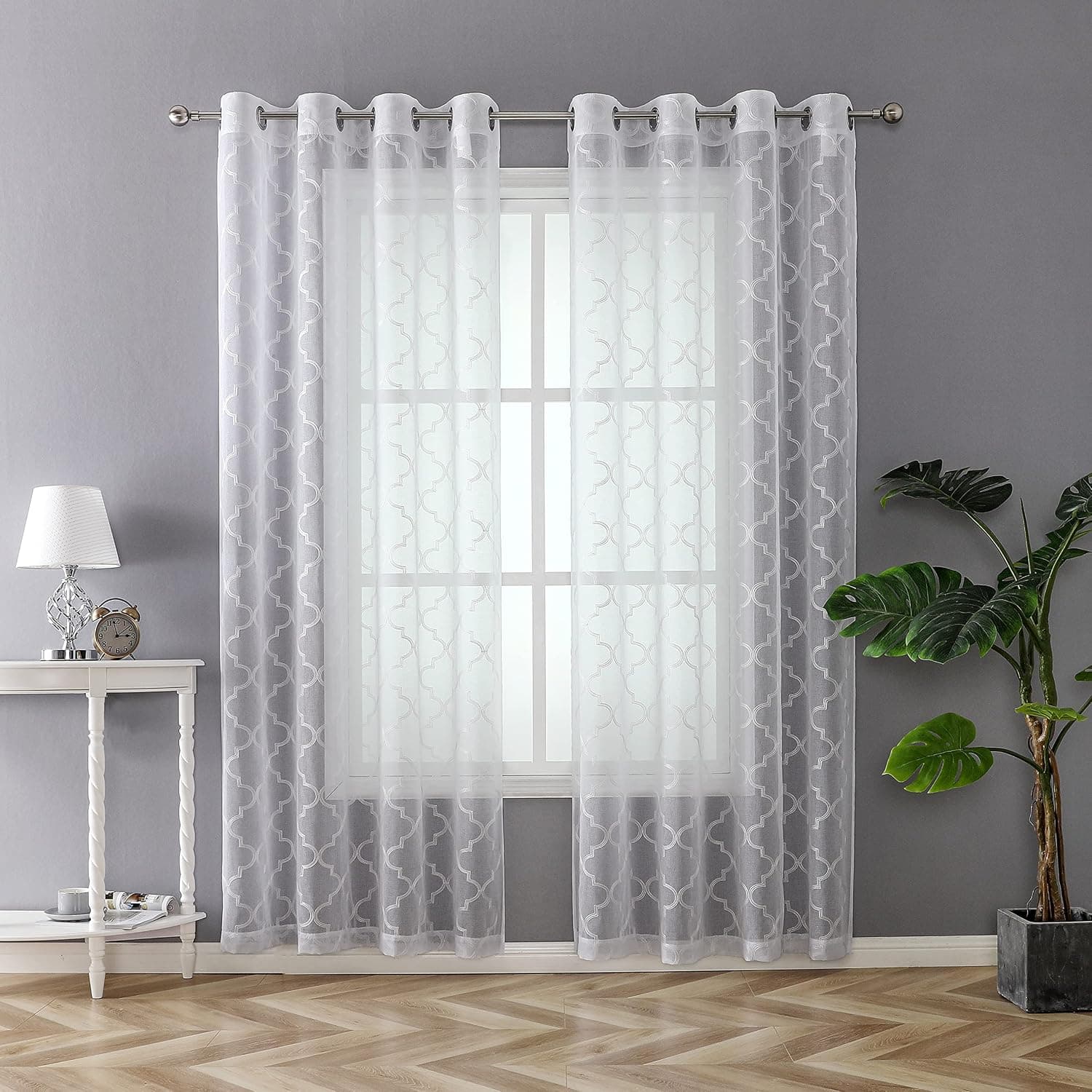 KEQIAOSUOCAI White Geometry Embroidery Sheer Curtains Moroccan Voile Drapes for Bedroom Living Room Grommet Top Window Treatments 63 Inches 2 Panels 52"x63"