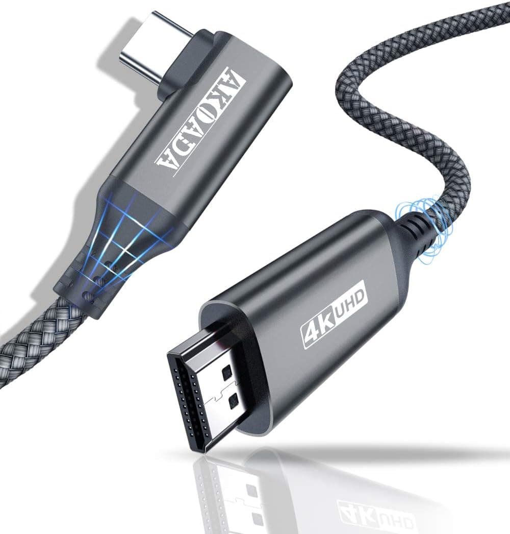 AkoaDa USB C to HDMI 2.0 Cable 10ft, Right Angle 4K@60Hz Type C to HDMI Adapter Cable Thunderbolt 3 Compatible for MacBook Pro 2018 2017,iPad Pro,Samsung Note 20/10,Google Chromebook Pixel（Grey）