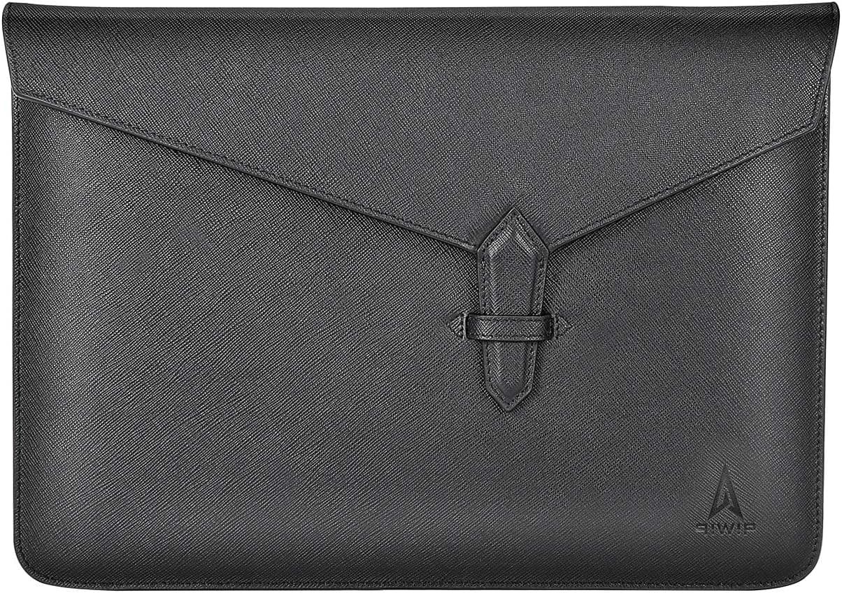Leather Laptop Sleeve – Genuine Leather 13-13.5 Inch Black Laptop Case – Deluxe Envelope Case for MacBook/iPad Pro/Surface/Dell/HP/Lenovo – Silk Inner Lining – Elegant and Practical