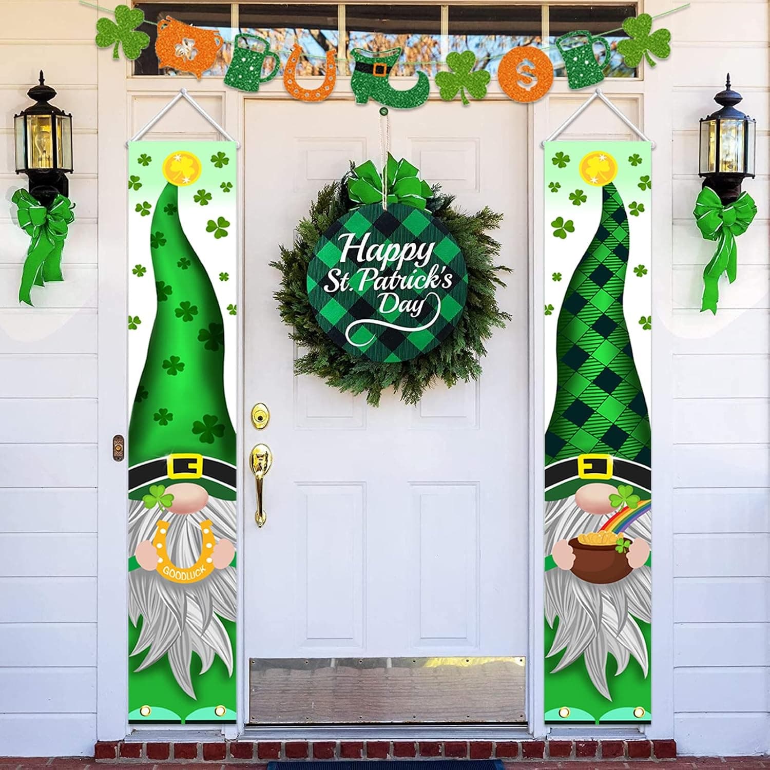 St Patricks Day Decorations Outdoor, 3 Pack Green Gnomes Welcome Banners Porch Signs with Glitter Garland Banner, Irish Shamrock Saint Patrick's Day Décor for The Home Party Door Tree Classroom Office
