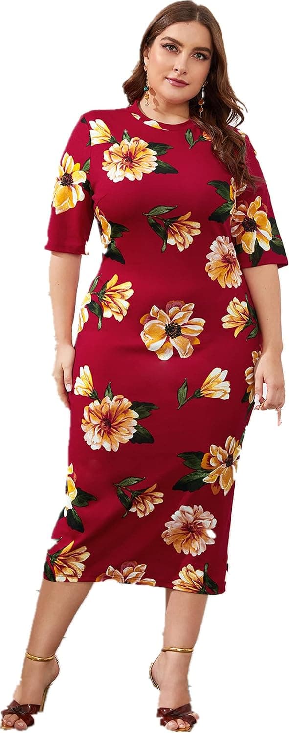 Floerns Women's Short Sleeve Plus Size Solid Bodycon Business Pencil Dress