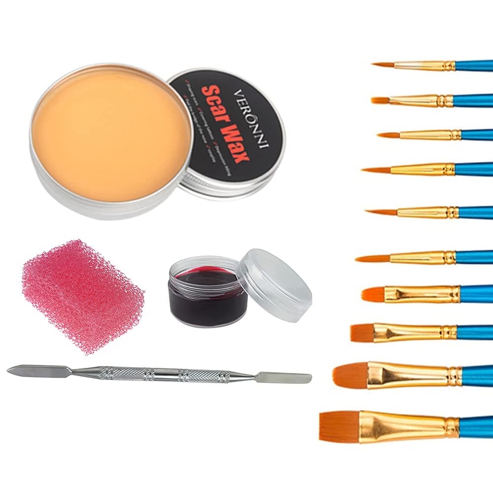 Special Effects Stage Makeup Wound Modeling Scar Makeup Wax, with Spatula，Scab Blood + Pink Stipple Sponge (01)