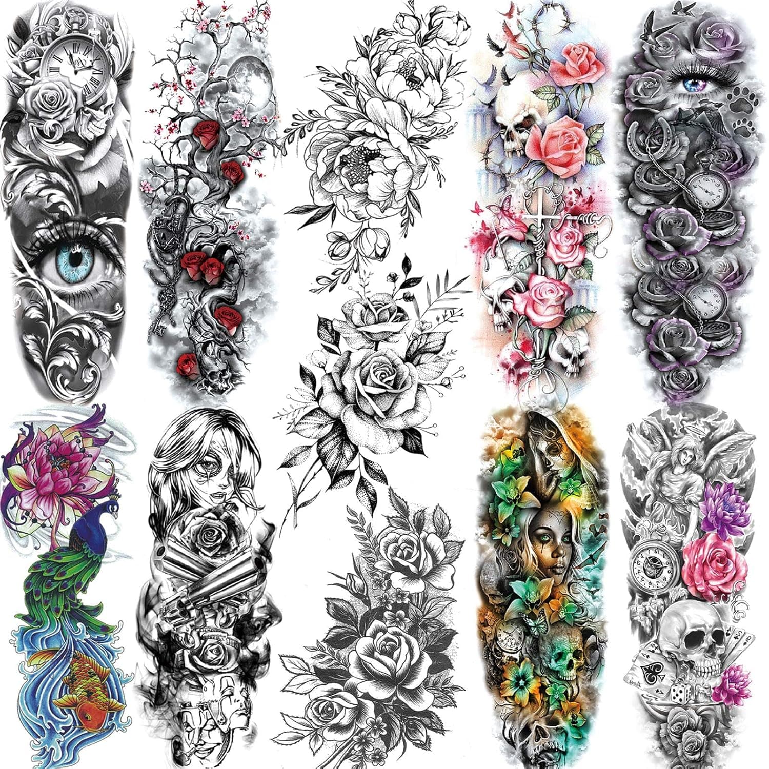 11 Sheets NEZAR Large Vine Peony Flower Rose Full Arm Temporary Tattoos For Women Realistic Skull Skeleton Fake Temporary Tattoo Sleeves Stickers Waterproof Leg Makeup Floral Blossom Tatoos Paper Eye