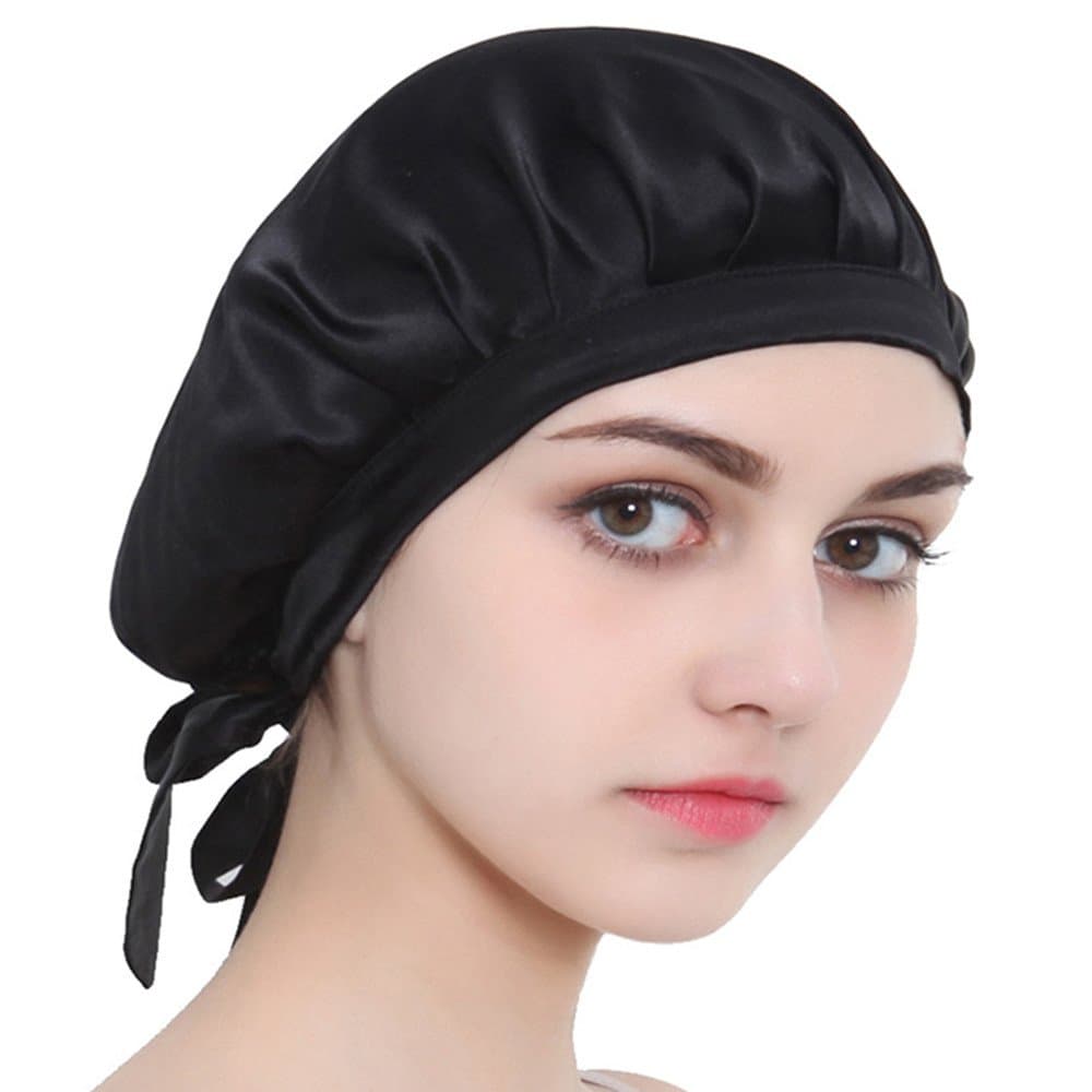 Silk Sleeping Cap for Women & Girls Long Hair Bonnet Smooth Soft Hair Care Hat, Many Colors (Black)