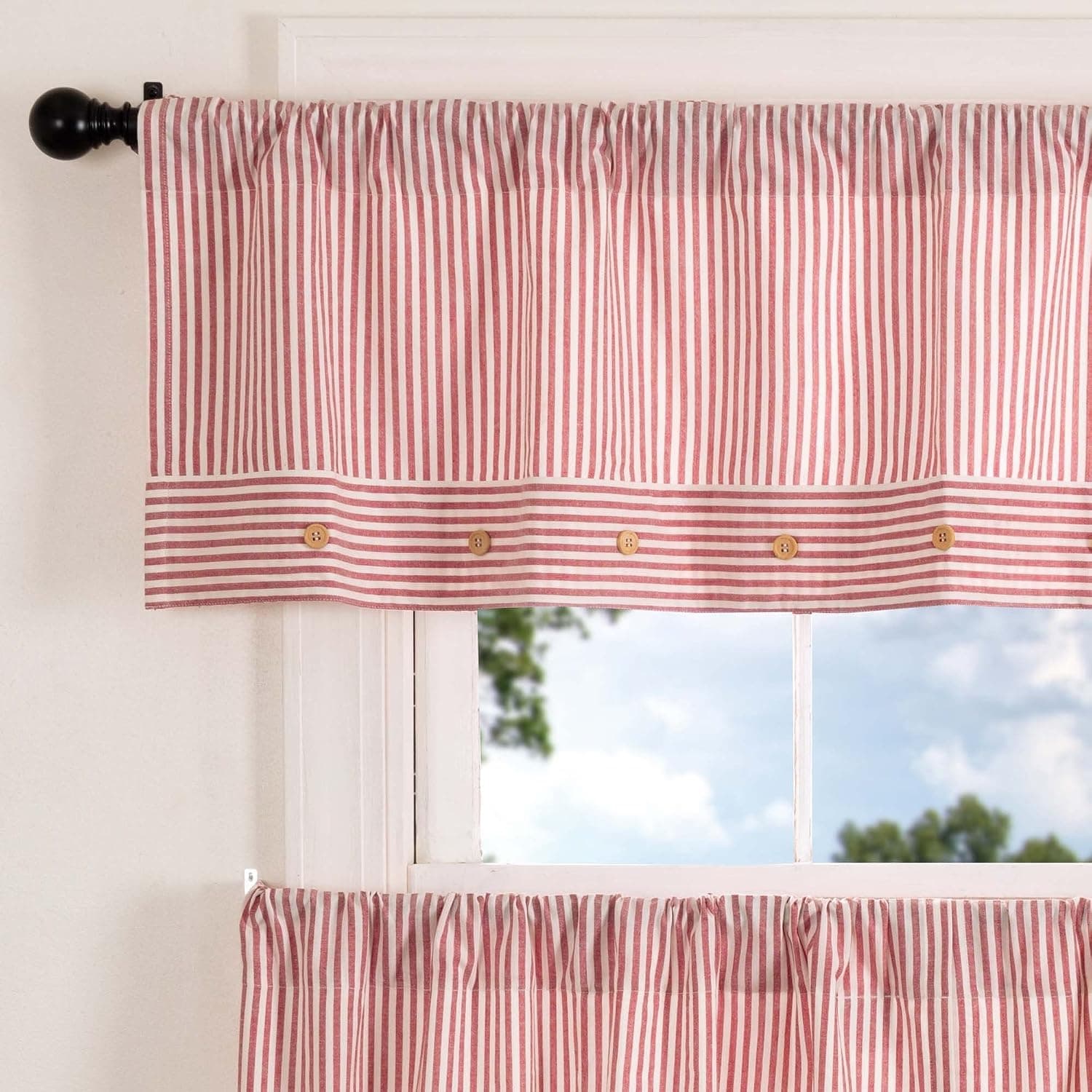 Piper Classics Farmhouse Ticking Stripe Red Valance, 16" x 60"W, w/Button Accents