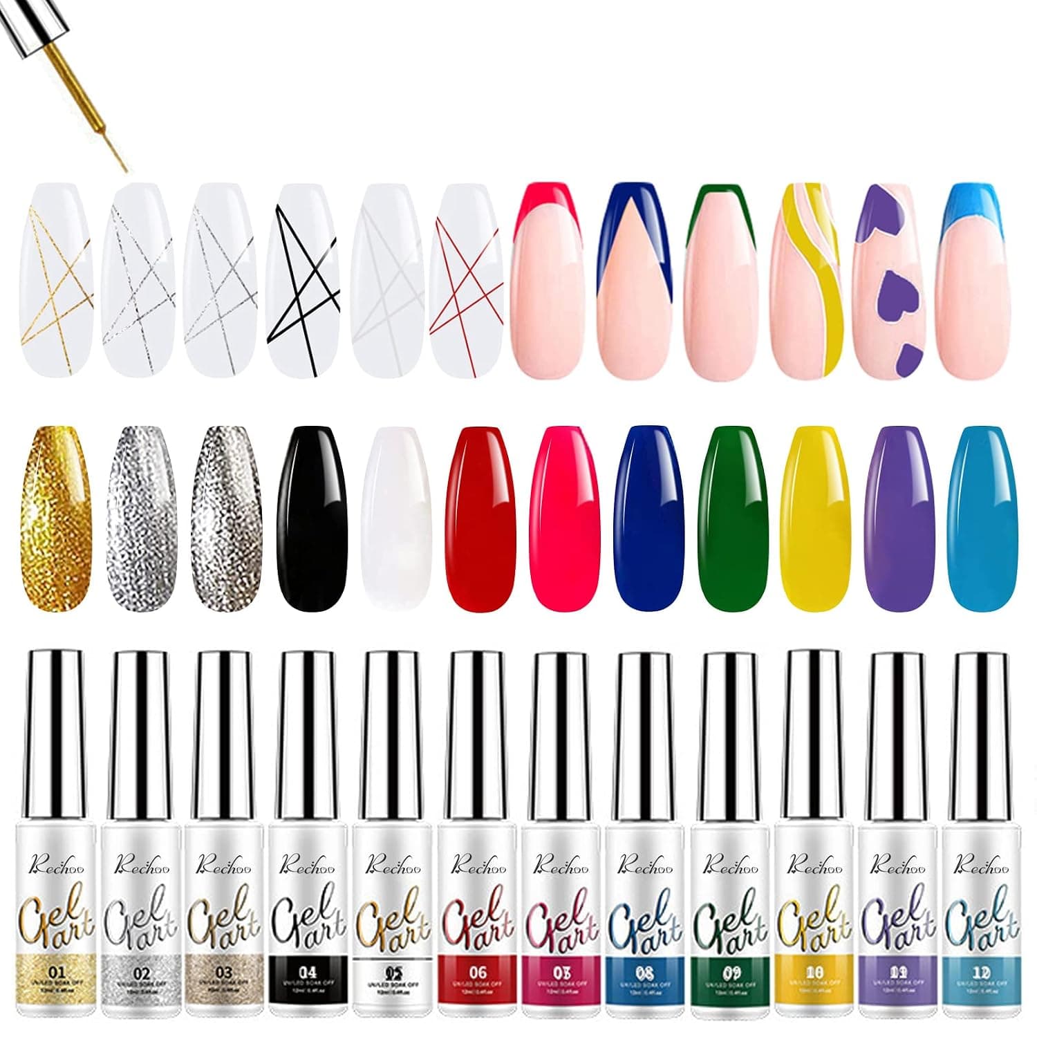 Rechoo Painted Gel Nail Art Polish Set, Liner Nail Polish Gel Classic Colors Painting Drawing UV Light LED Soak Off Nail Art Design & Nail Salon DIY Manicure Kit (12 Neon Colors)
