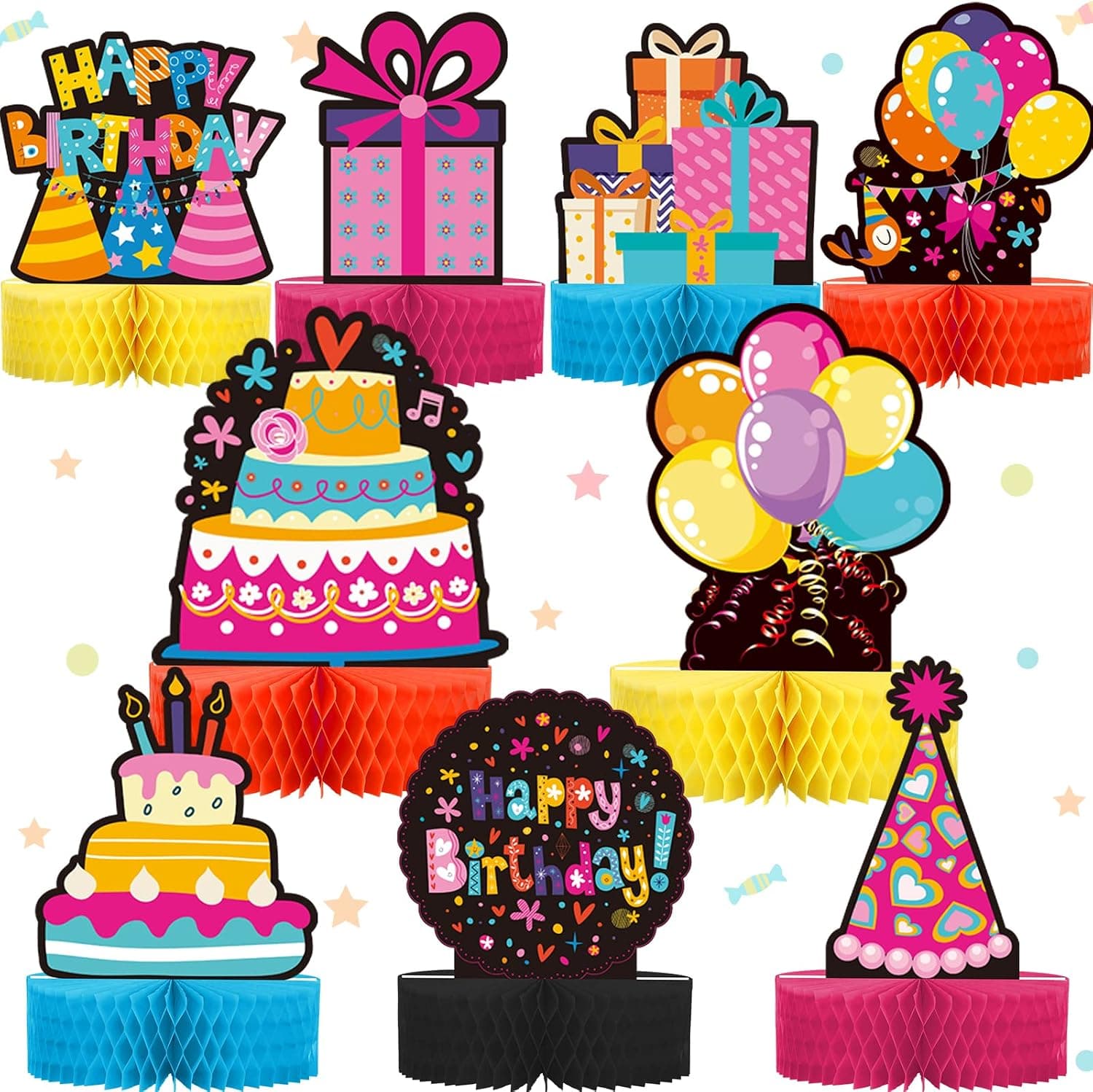 9 Pcs Colorful Happy Birthday Honeycomb Centerpieces Rainbow Birthday Party Table Topper Happy Birthday Decorations 3D Paper Party Centerpieces for Birthday Baby Shower Decor Supplies