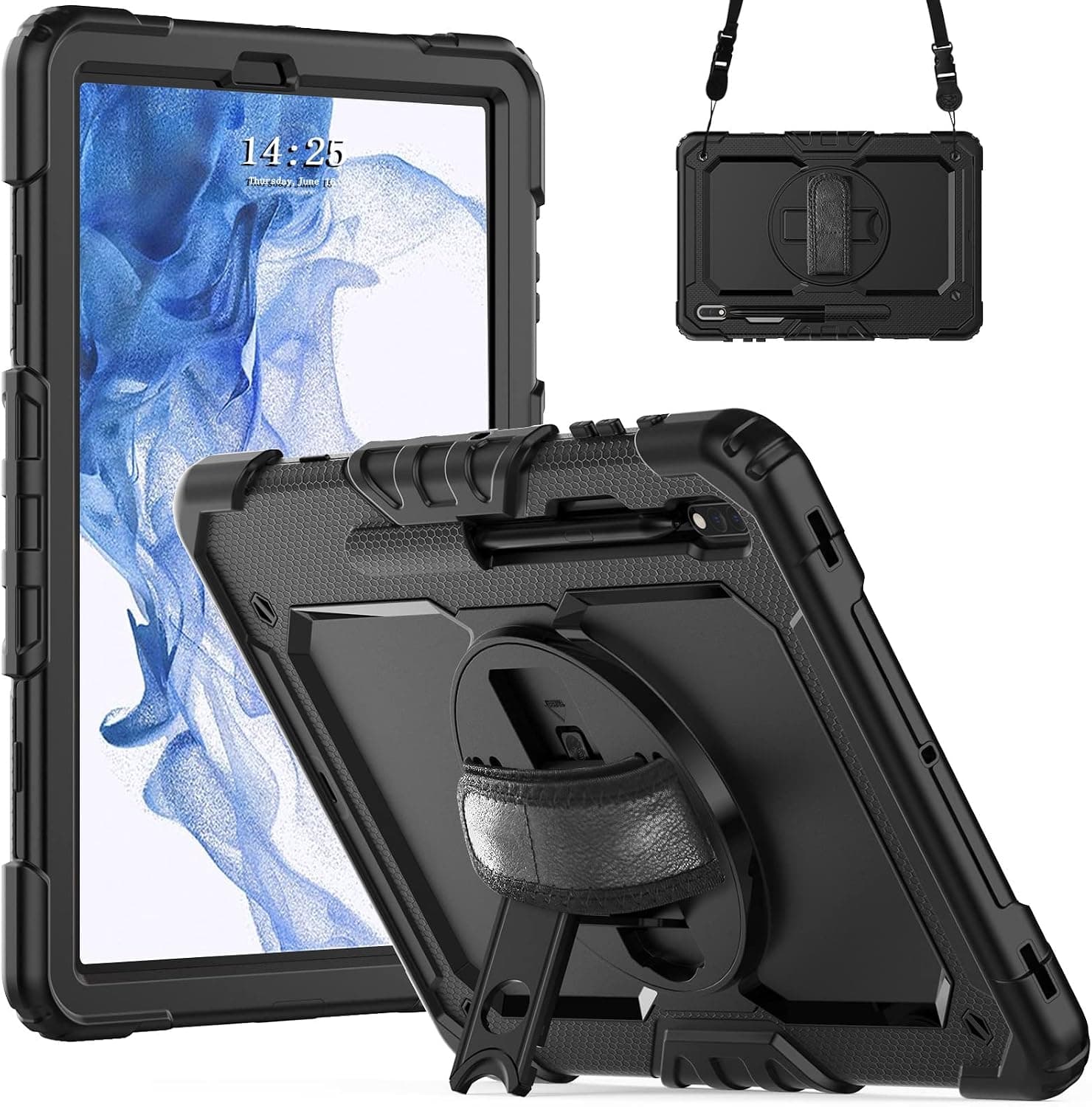 CASZONE Samsung Galaxy Tab S8 Plus Case 2022 3 Layer Rugged Shockproof Cover for Tab S7 FE/S7 Plus 12.4 inch 2021/2020 inch with 360-Swivel Stand Handle Shoulder Strap Pen Holde Black