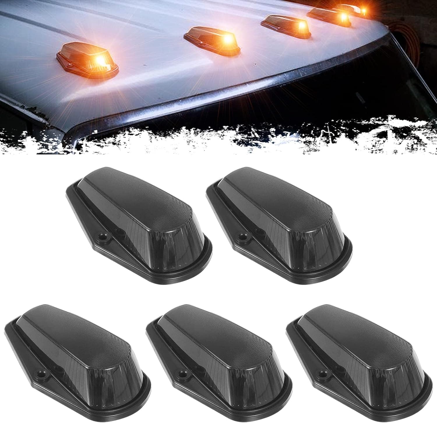 PSEQT 5Pcs Cab Roof Marker Lights Amber LED Top Clearance Marker Light Kits Compatible with F150 F250 F350 1980-1997 Super Duty Pickup Trucks 12V Signal Running Light with Smoked Cover & T10 LED