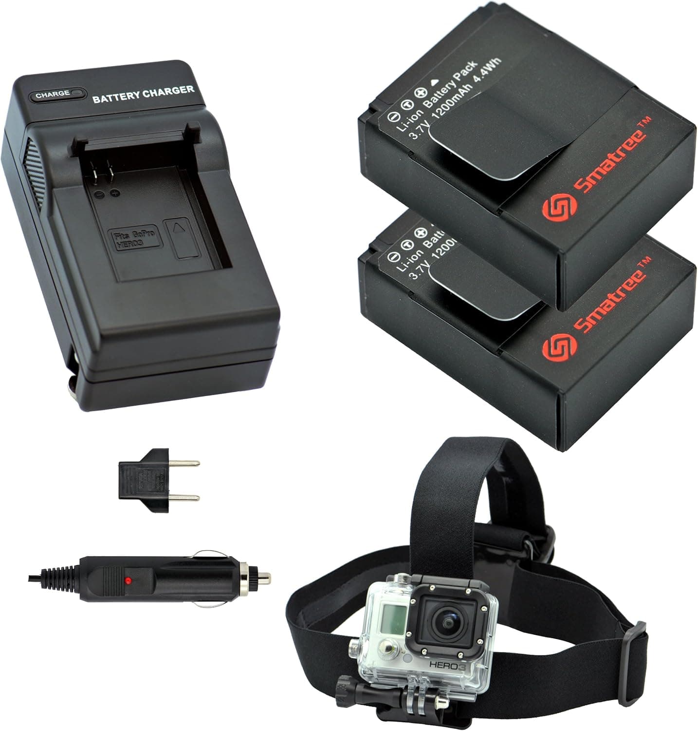 Smatree Battery(2 Packs) + Charger kits + Head Belt Strap Mount for GoPro HD HERO3+,HERO3,AHDBT-201,AHDBT-301, AHDBT-302