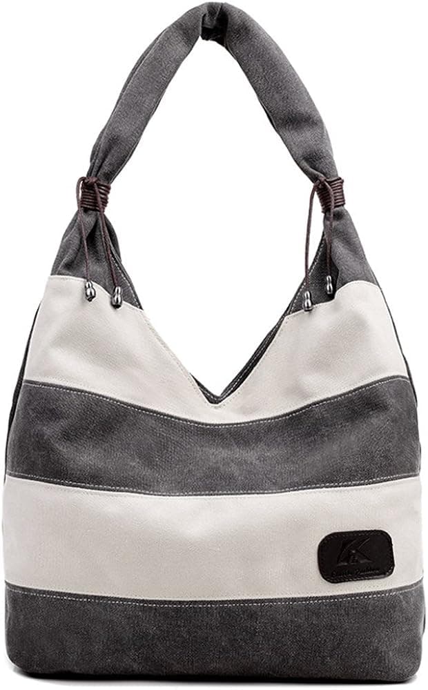 Hiigoo Stripes Stitching Canvas Bags Casual Shoulder Bag Large Shopping Bag Handbags