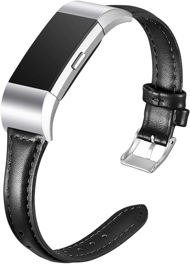 Henoda Leather Bands Compatible with Fitbit Charge 2, Slim Classic Genuine Replacement Accessories Strap for Charge 2 Women Men Large Small (Black, 5.5" - 7.5")
