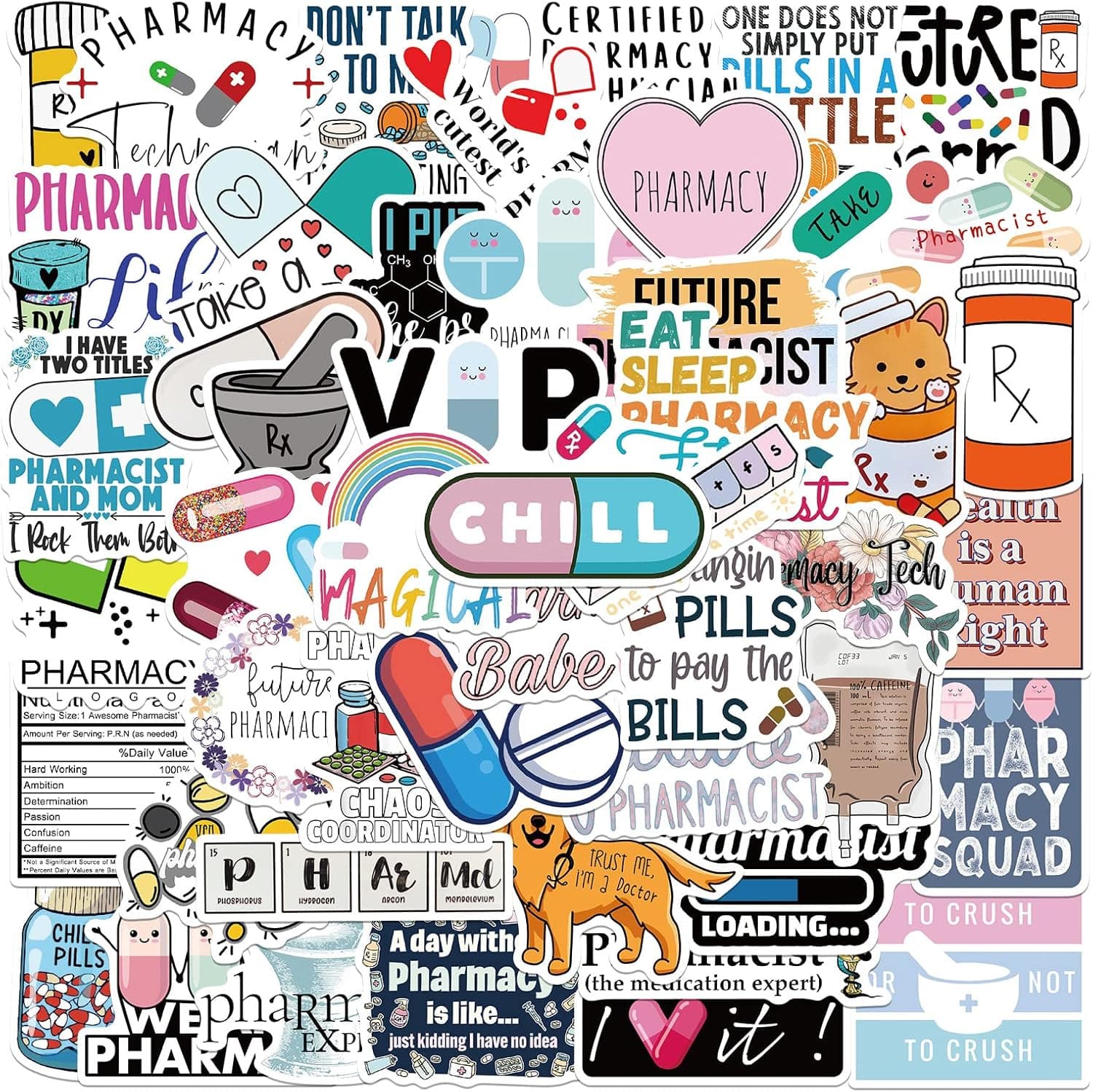 Cute Pharmacist Stickers Pharmacy Vinyl Waterproof Stickers for Water Bottles Phone Skateboard Computer Laptop Luggage 50 Pcs Sticker Pack Gift for Kids Girls Boys Teens Nurse Doctor