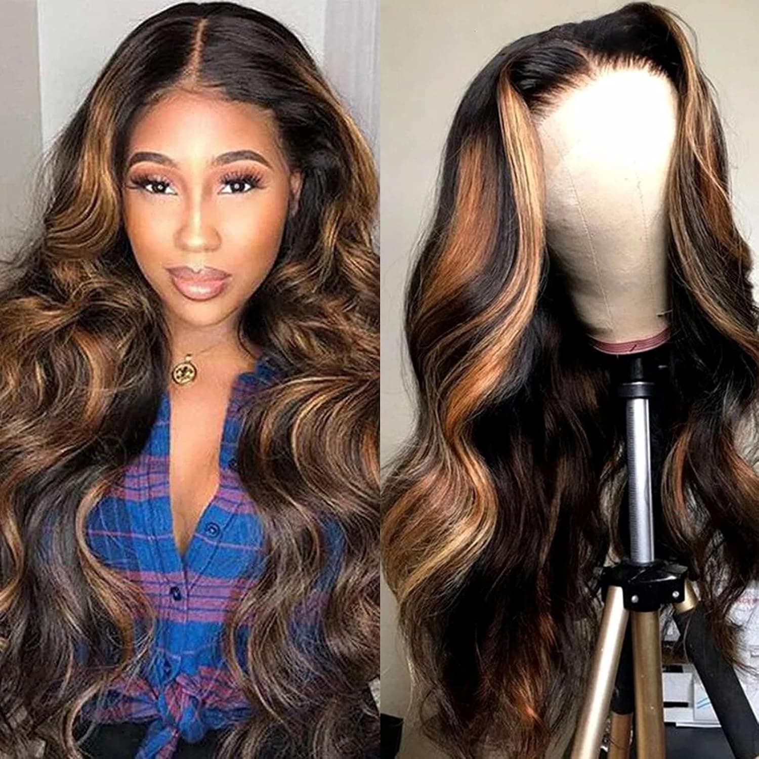 haha Brown Highlight Lace Front Wig Human Hair Body Wave Ombre Lace Front Wig Pre Plucked 13x6x1 T Part Lace Frontal Wig Glueless Colored Honey Blonde 24 Inch 150% Density FB30 Balayage