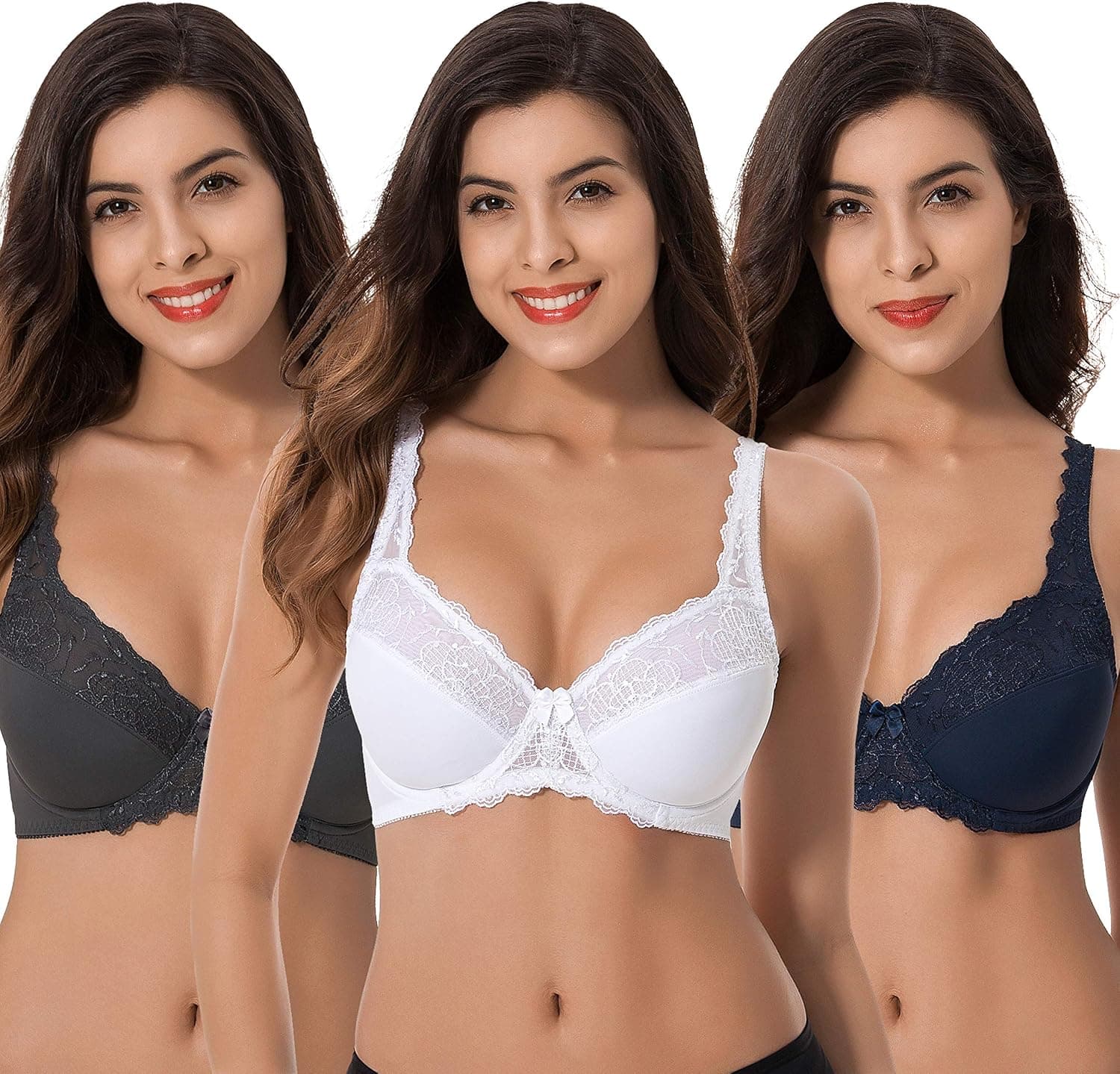Curve Muse Plus Size Minimizer Underwire Unlined Bra with Embroidery Lace-3Pack