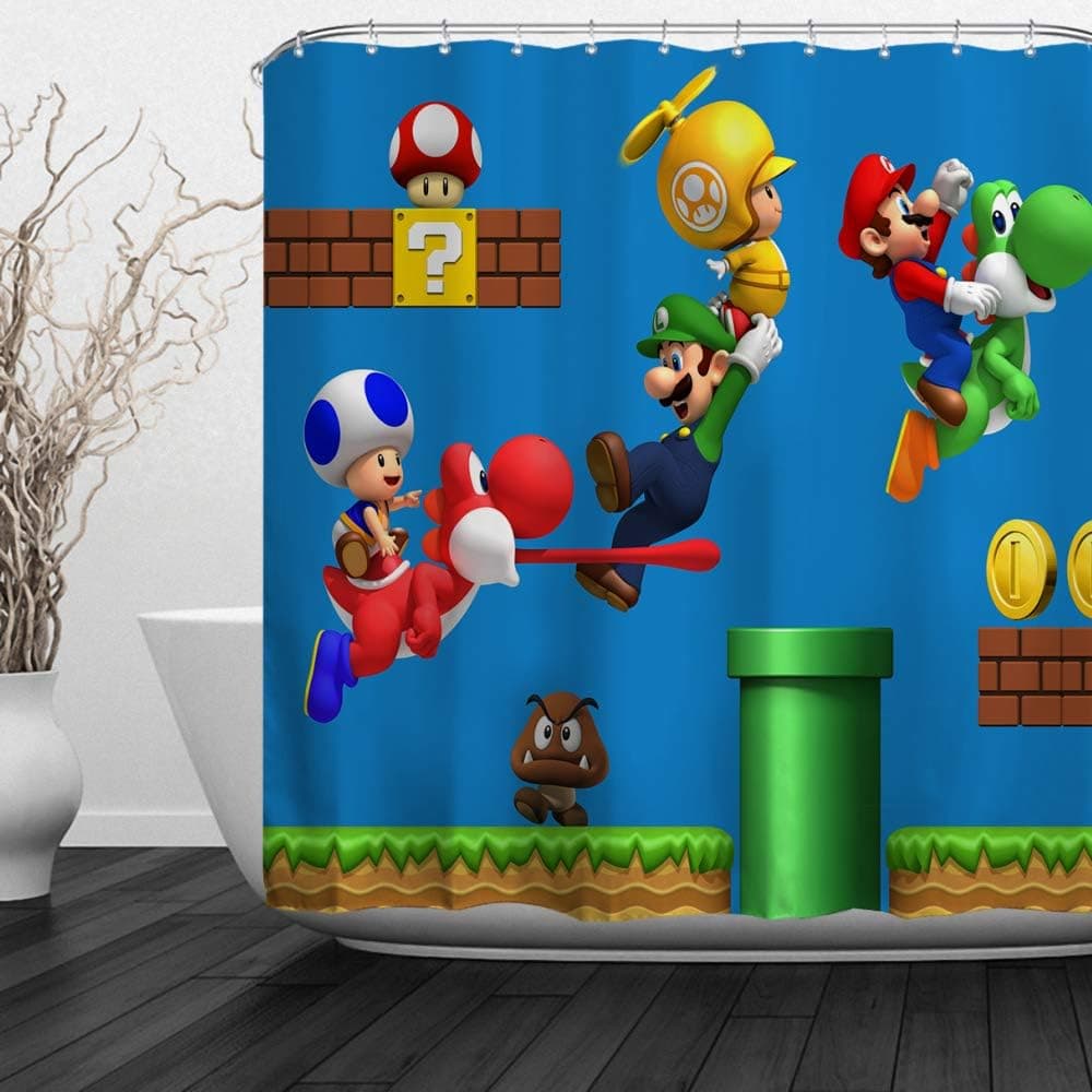 Baccessor Kids Cartoon Super Mario Brothers Shower Curtain Funny Game Waterproof Fabric Bathroom Decor Set with Hooks for Kids/Children, 72" W x 72" H (180CM x 180CM) - Super Mario