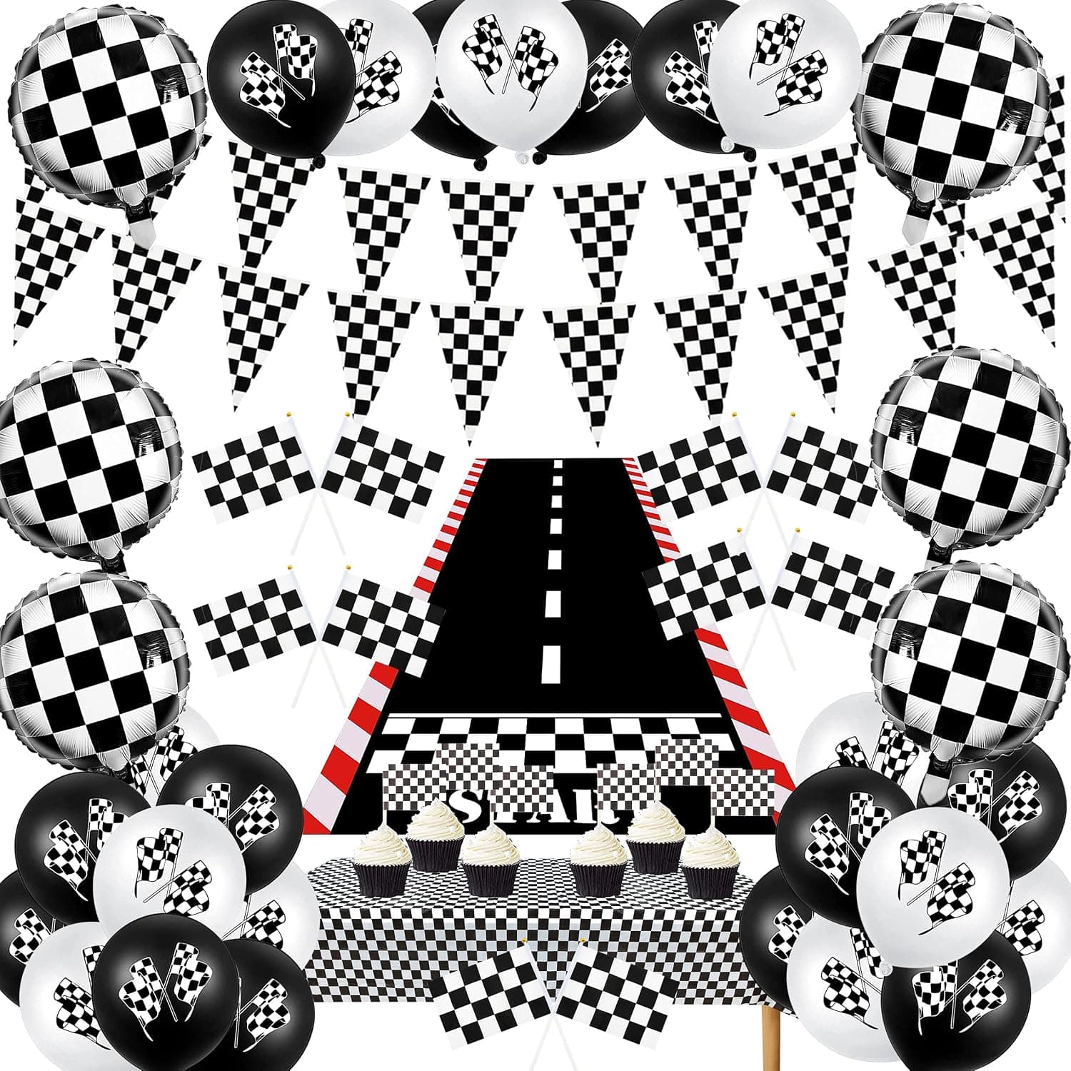 Racing Car Party Supplies Set,Racetrack Floor Running Mat,Plastic Table Covers, Racing Pennant Banner,Black and White Racing Stick Flag,Latex Balloons，Racing Car Cake Topper，For Let's go Racing Theme Sports Event Party Decoration