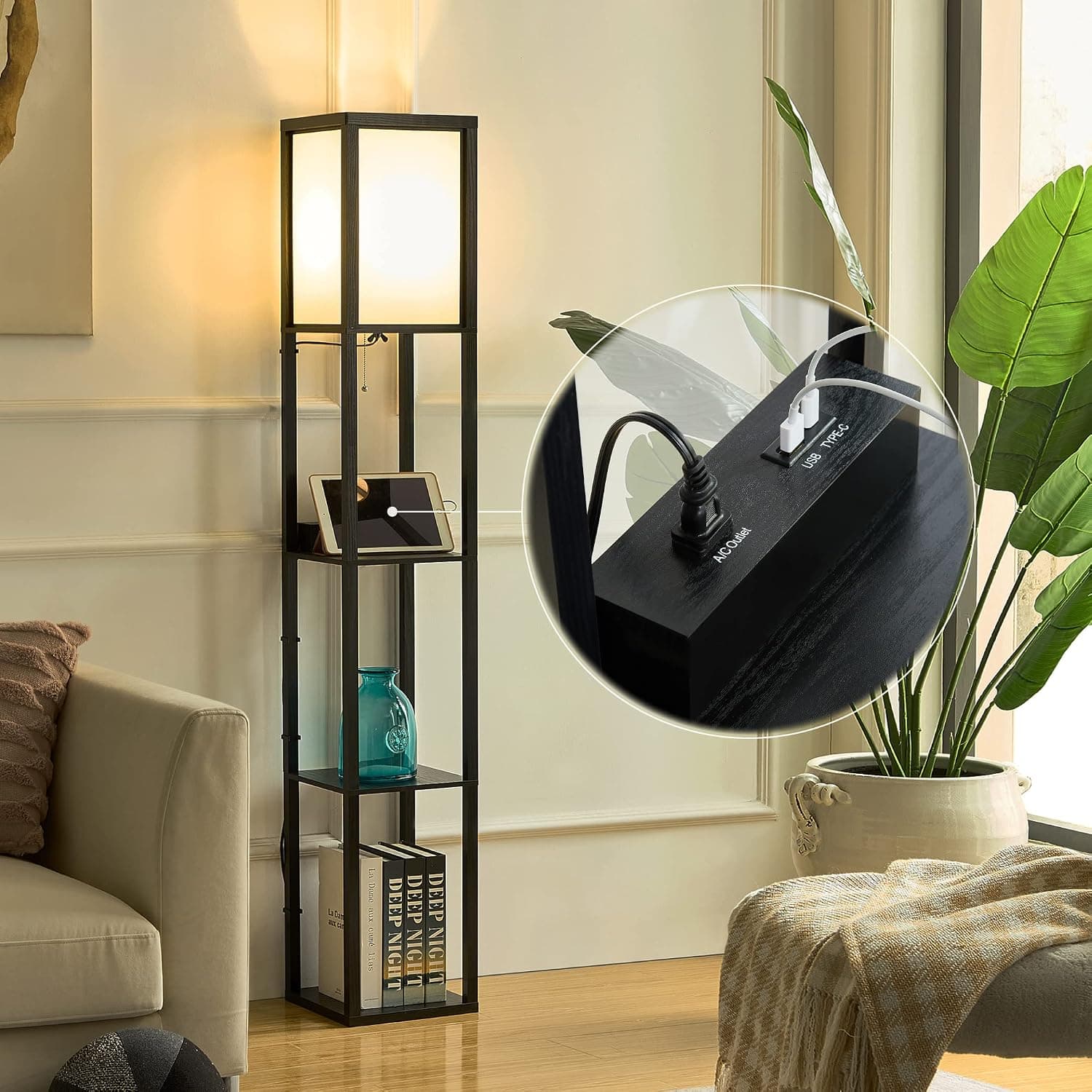 ATAMIN Avery LED Floor Lamps with Shelves, Sturdy Corner Shelf Floor Lamps for Living Room, Fast Charging USB, Type-C and Power Outlet, Durable Standing Lamp for Bedroom Display Shelf Cabinet - Black