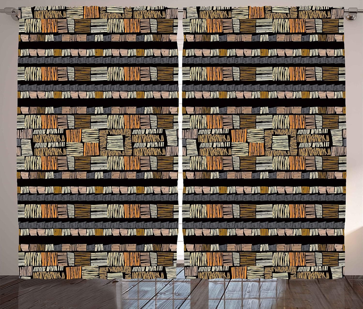 Ambesonne African Curtains, Traditional Hand Drawn Pattern in Grunge Style Striped Design Print, Living Room Bedroom Window Drapes 2 Panel Set, 108" X 84", Pale Orange
