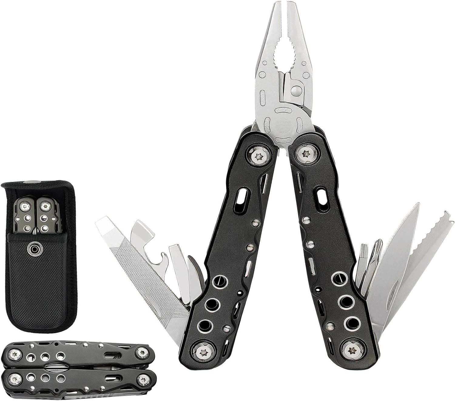 Multitool Plier Stainless Steel 14 in 1 Portable Multitool with Nylon Sheath, Plier, Saw, Bottle &Can Opener, Screwdriver, Knife and Metal File-black by XuCoo
