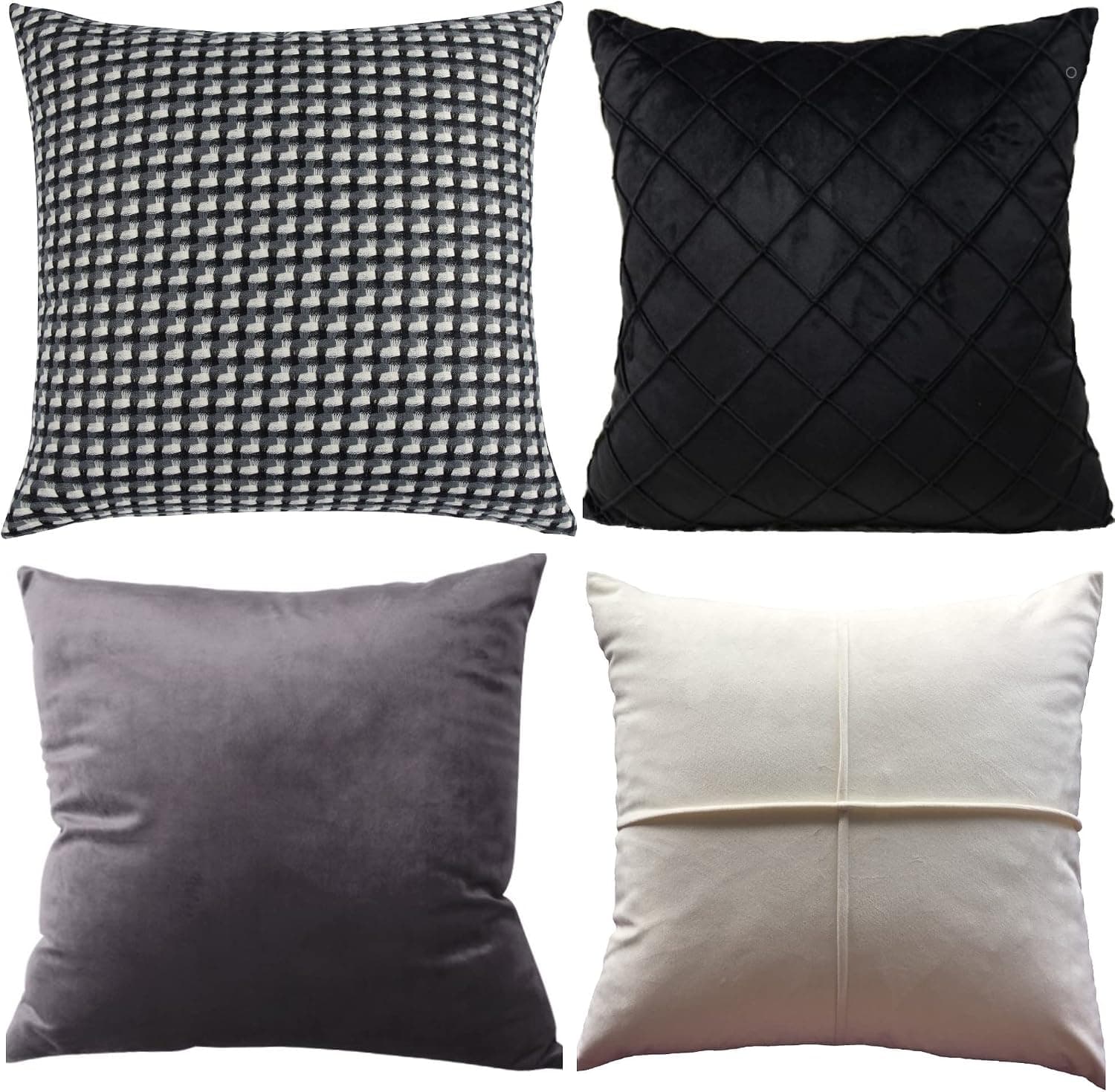 BASSOON GIRL 18x18 Black Throw Pillow Covers Set of 4 ,for Living Room or Bed Decor, Square Very Chic Plaid Pillow Design , Black White and Grey in Groups