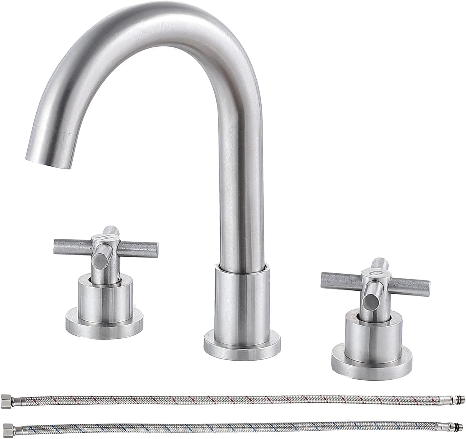 SHACO Brushed Nickel Bathroom Faucet, Bathroom Faucets for Sink 3 Hole, 2 Handle 360° Swivel Spout Lavatory Vanity Bathroom Faucet, 8 Inch Widespread Two Cross Handles Bathroom Sink Faucet