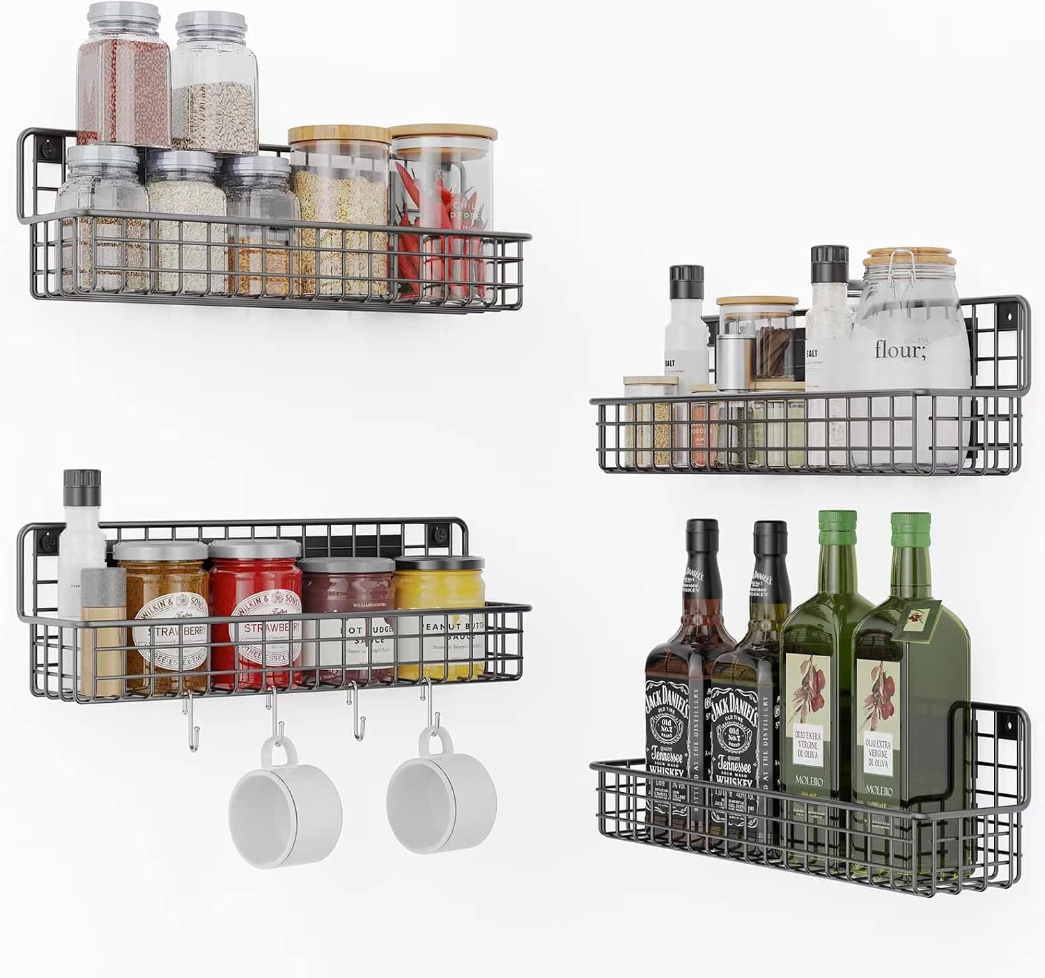 ZHAOGMQH 4 Tier Magnetic Spice Racks For Wall Mount Strongly Magnetic Spice Shelf with Utility Hooks Refrigerator Spice Storage Kitchen Storage Rack for Placing Seasoning Bottles (Black)