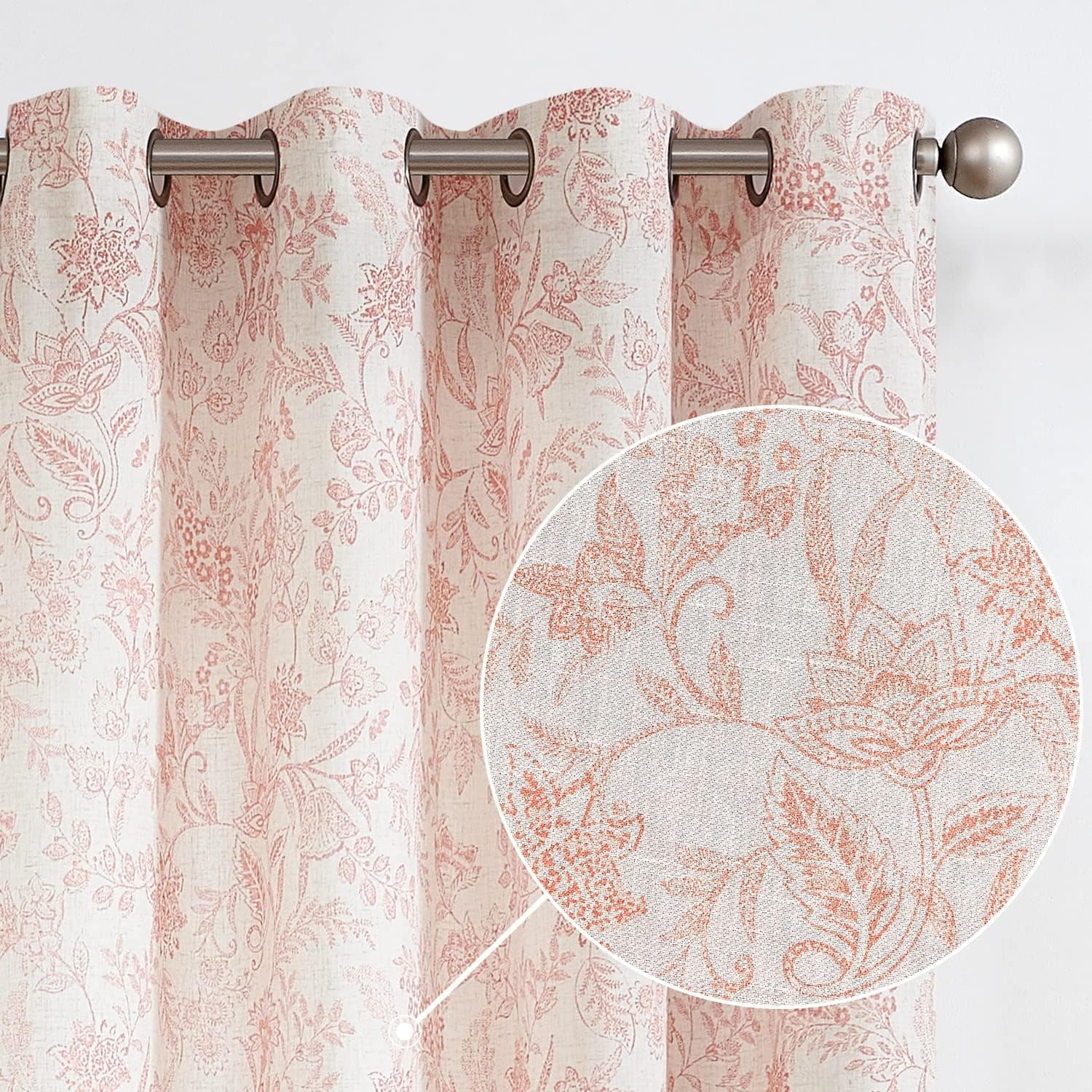 Vangao Farmhouse Linen Curtains 96 Inches Long for Living Room Bedroom Red Vintage Floral Printed on Beige Light Filtering Window Drapes Grommet Top 2 Panels
