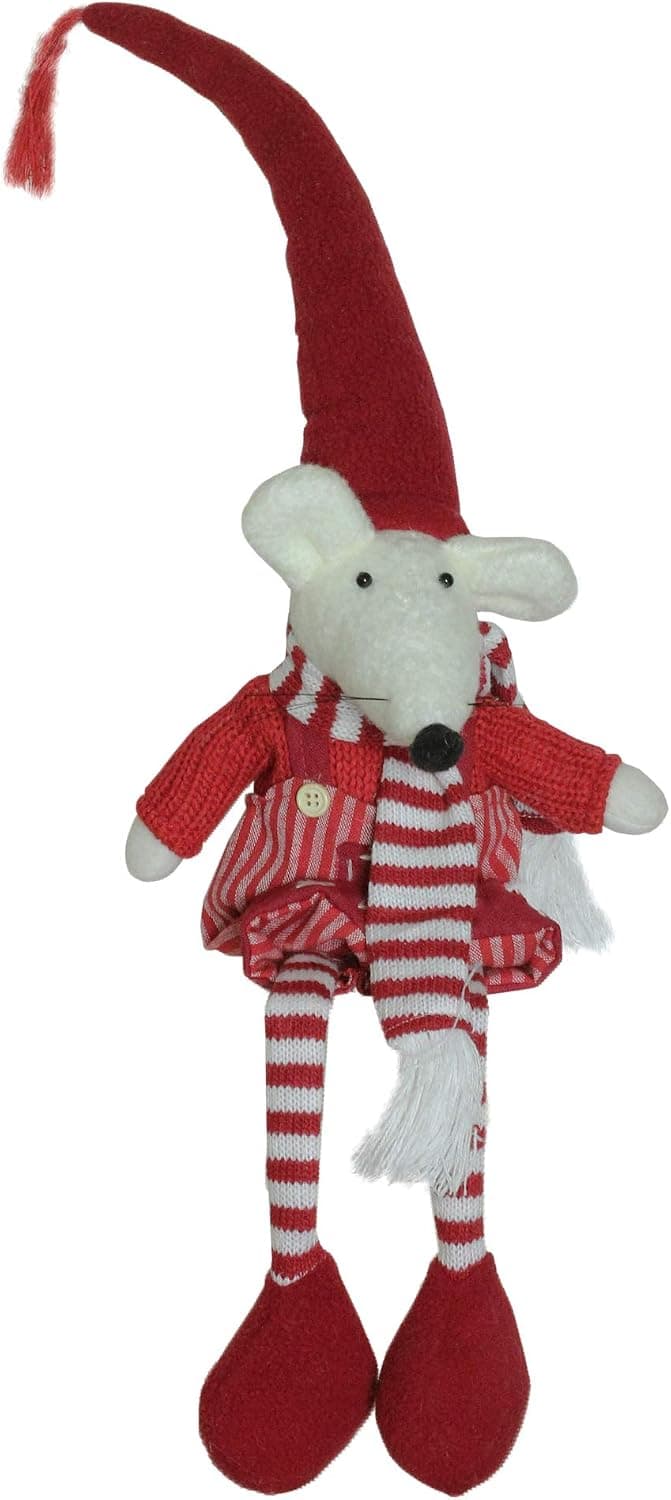 Northlight 15" Red and White Striped Sitting Boy Mouse Christmas Tabletop Decor