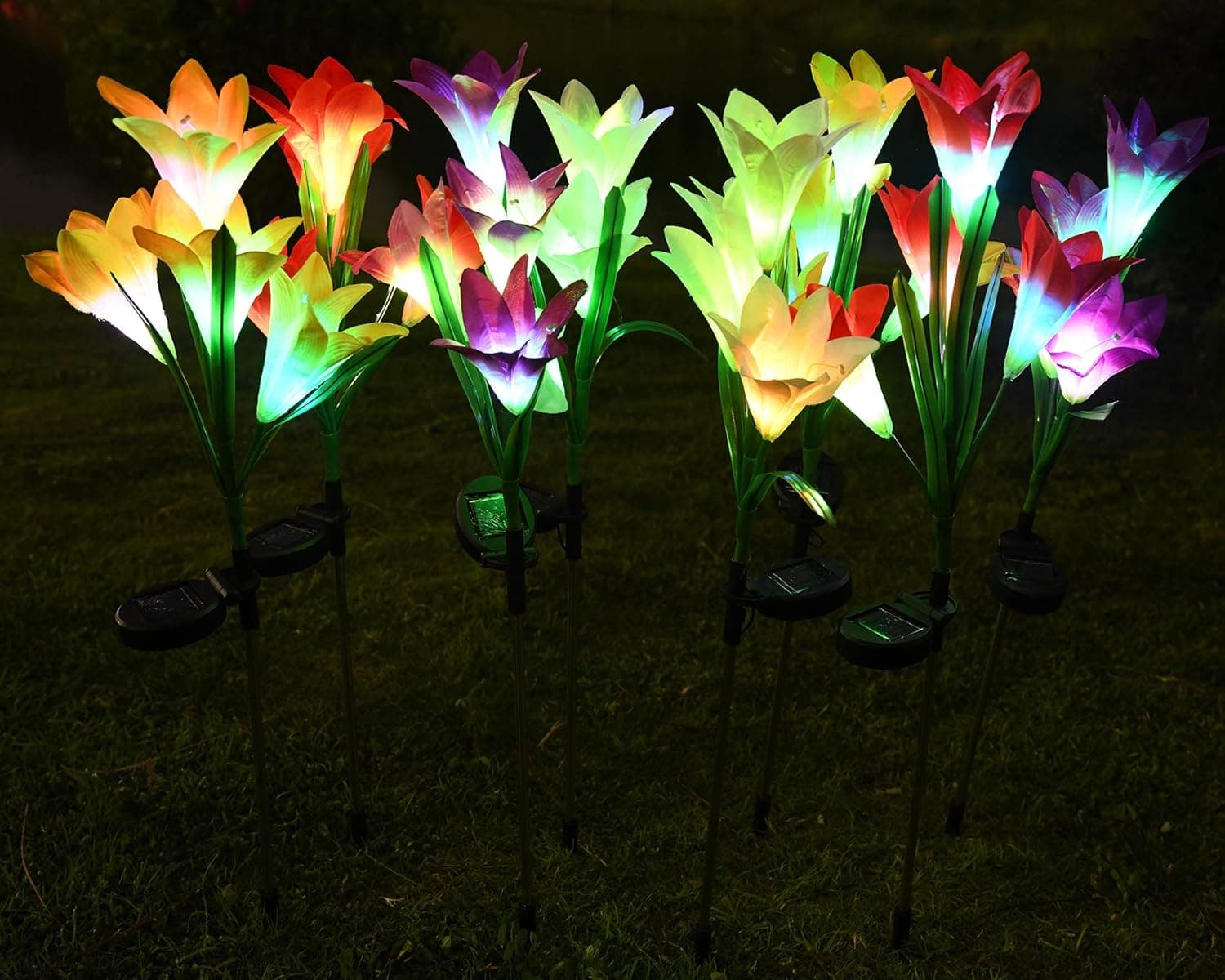 Solar Flowers - Lily Solar Garden Stake Lights,8 Pack Powered Lights with 32 Lily Flowers,Waterproof 7 Color Changing LED Solar Landscape Lights for Garden,Outdoor,Lawn,Yard,Pathway Decoration