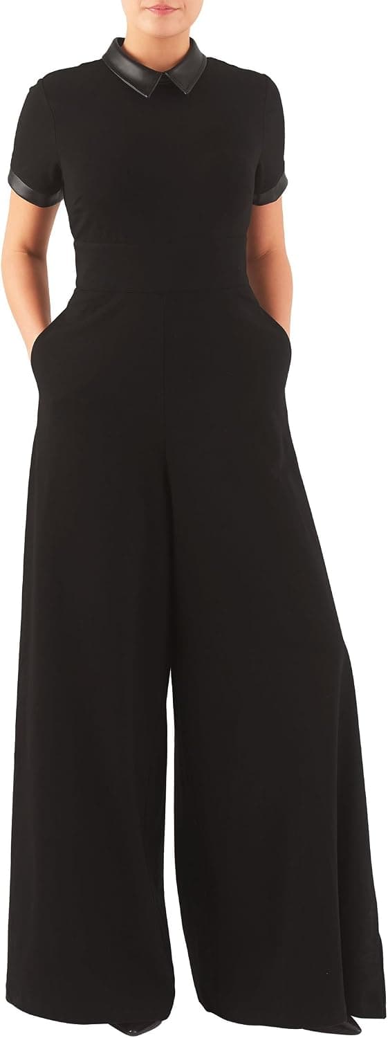 eShakti Women's Faux Leather Trim Cotton Knit Jumpsuit