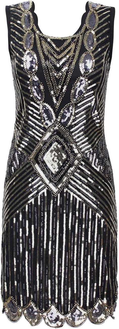 kayamiya Women's 1920S Sequined Beaded Back Deep V Gatsby Flapper Evening Dress