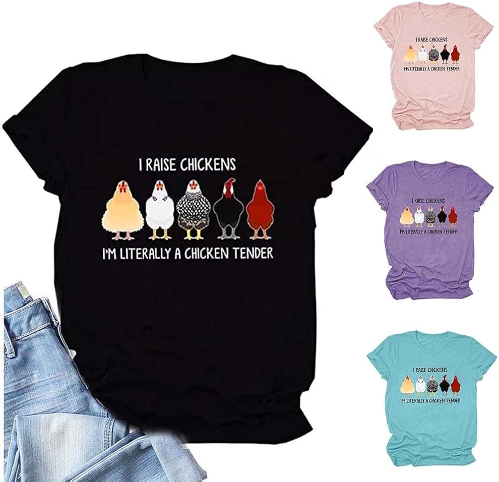 AKWFUNZ I Raise Chickens Women's Summer T-Shirt Funny English Sentence and Pattern Printed Short Sleeve Tops