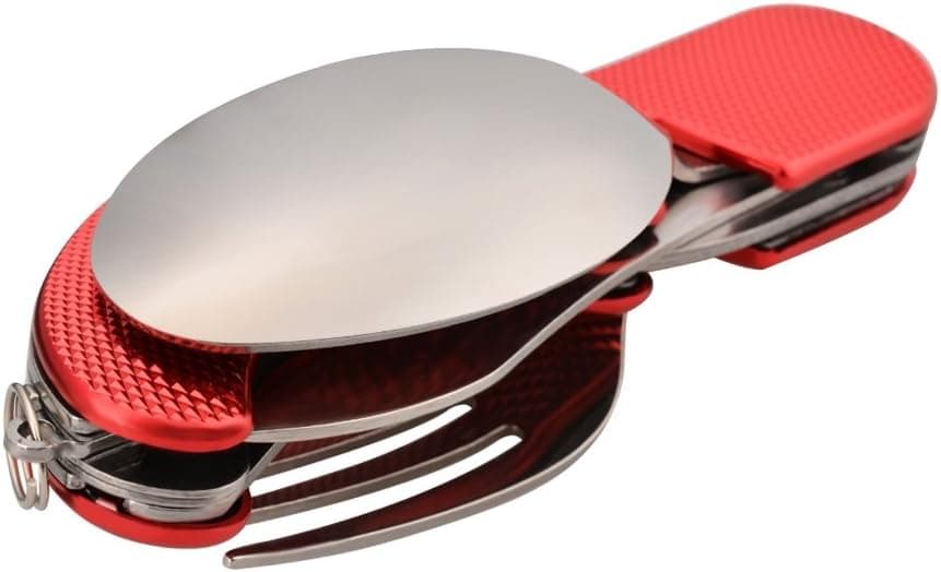 Leeko 4 in 1 Portable Outdoor Pocket Knife Fork Spoon Diner Set Multi-function Tableware for Camping Hunting,Red