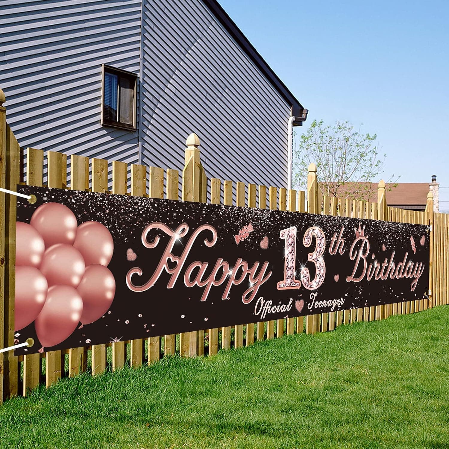 Ushinemi 13th Birthday Decorations for Girls, Large Happy 13th Birthday Banner Decorations, Official Teenager Banner, Rose Gold 13 Years Old Party Supplies, 9.8x1.6ft