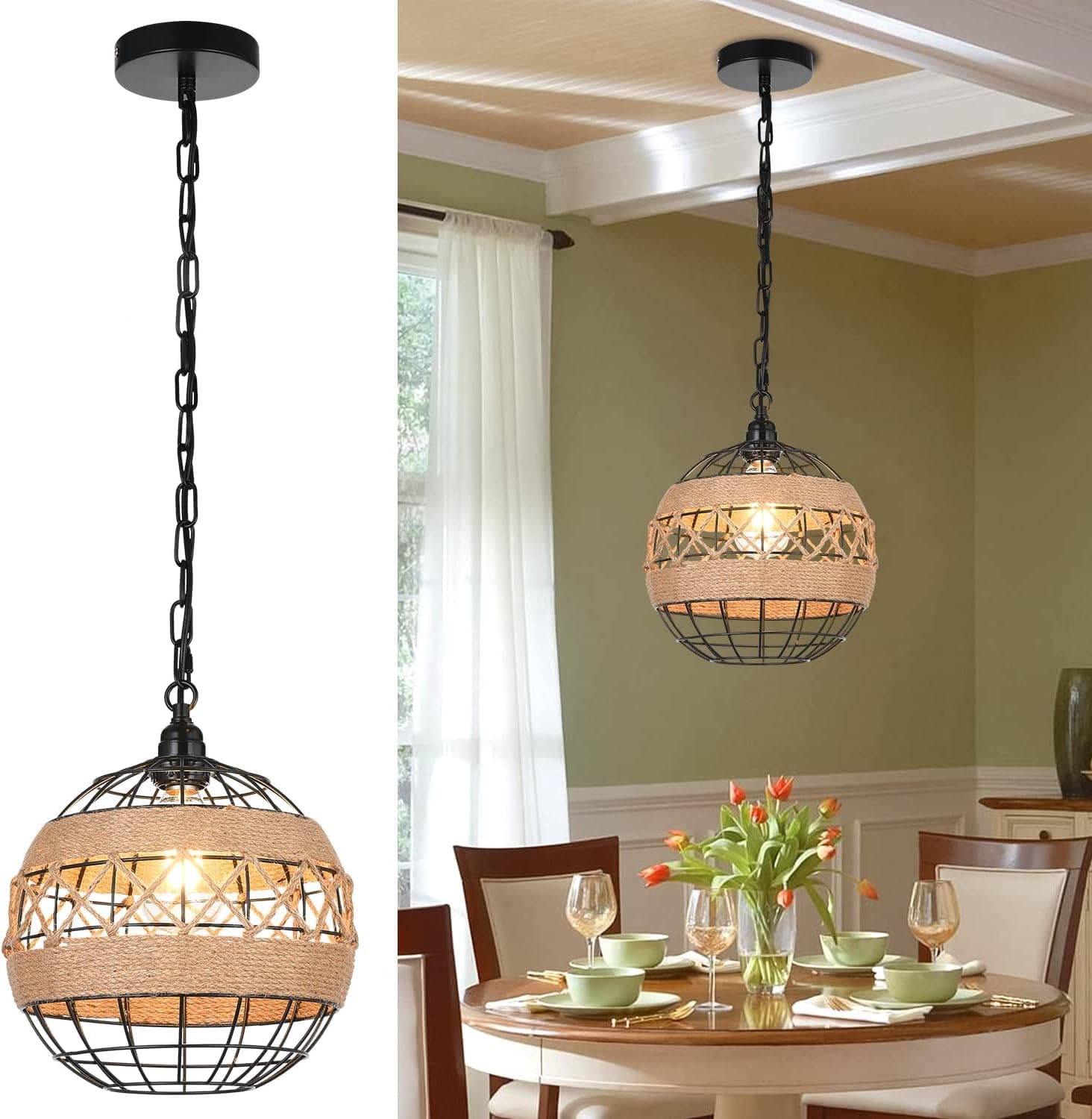 Woderdeng Pendant Lights Kitchen Island - Pendant Lights Farmhouse Decor Adjustable, Hemp Rope Pendant Light，Retro Hanging Light Fixtures for Kitchen Restaurant Livingroom Dining Table Cafe Sink