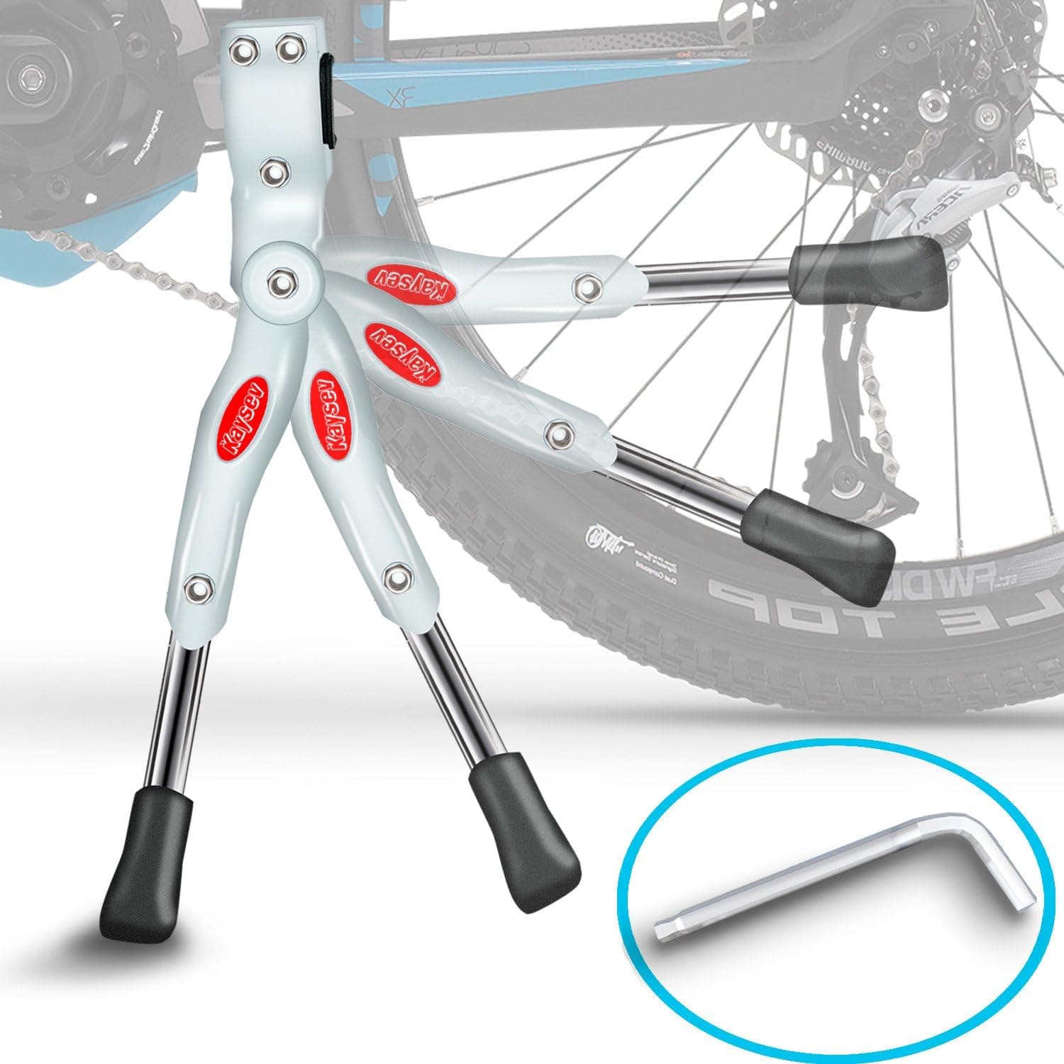 Kaysev Bicycle Kickstand - Adjustable Ultra Strong Durable Aluminum Alloy Side Anti-Slip Kick Stand Fits 24" 26" inch wheel tire cycling mountain bike, 2x Hex L-key included for installation (White)
