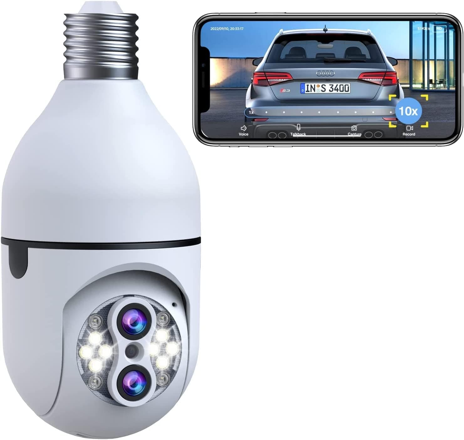 Camcamp Light Socket Security Camera, 2.4Ghz Wireless Bulb Security Camera,10X Zoom 360° Wireless Security Camera,Color Night Vision, Siren and Light Alarm, 7/24 Video Recording, Motion Tracking