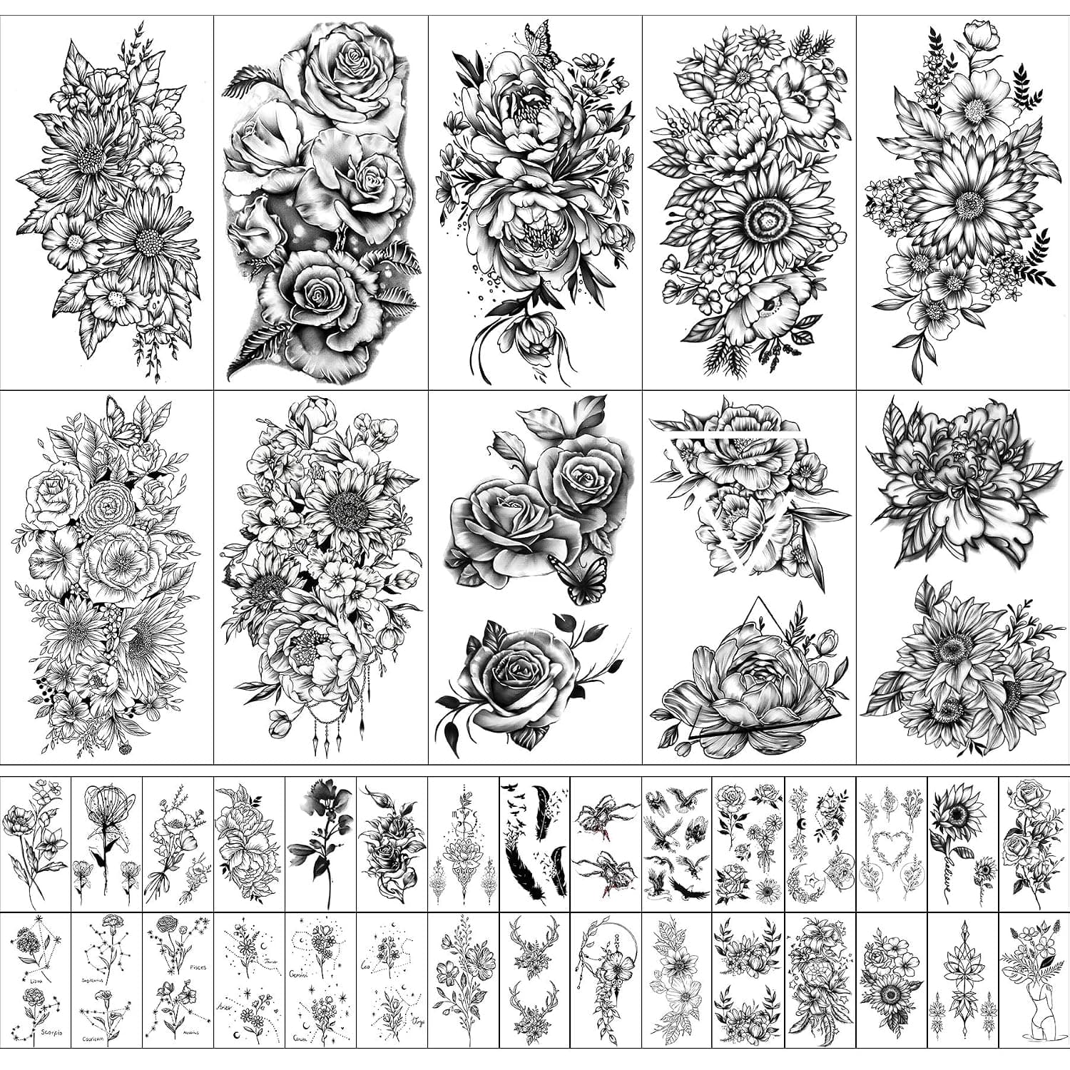 Yazhiji 40 sheets Waterproof Temporary Tattoos Large Flowers Butterfly Collection Temporary Fake Tattoos for Women and Girls Body Art Decoration